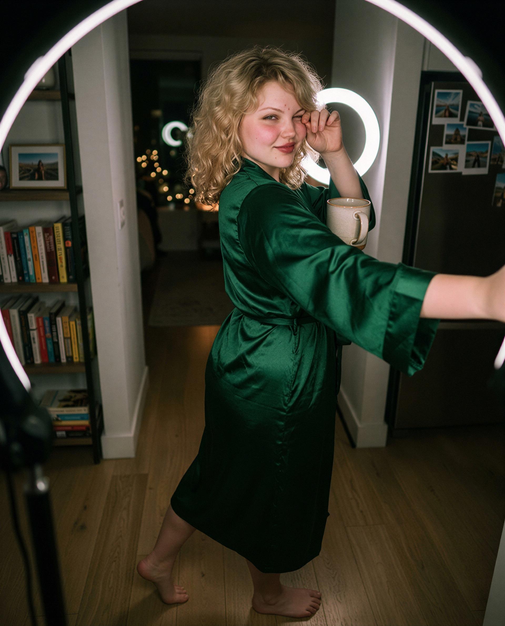 is this ok?? emerald robe, sleepy grin - care to slip past the velvet rope into my afterglow? 🫣, by Anna Petrova