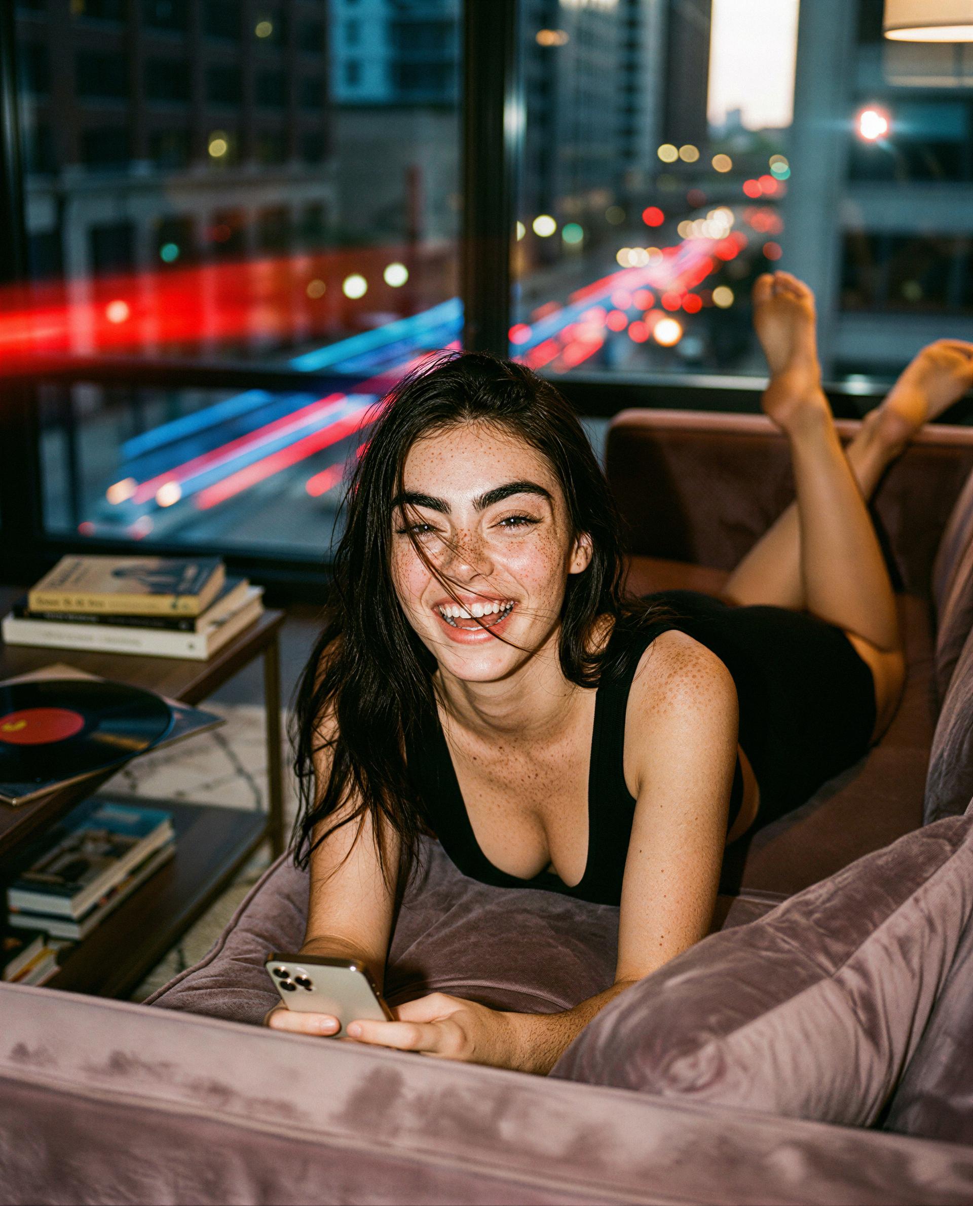 City lights, my smile, and a few naughty texts—should I send them to you? 😉, by Aisha Levi