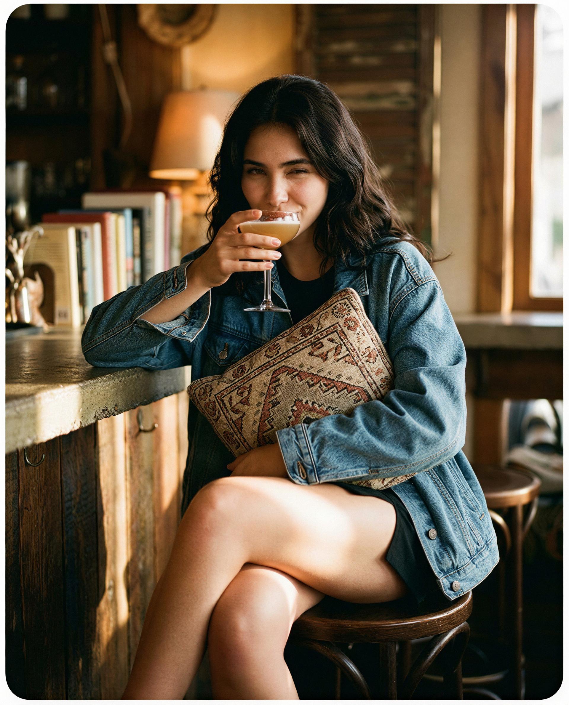 Bar stool, denim, and a secret smile - slide into my world and I’ll make tonight unforgettable. 😉💕, by Daniela Macedo