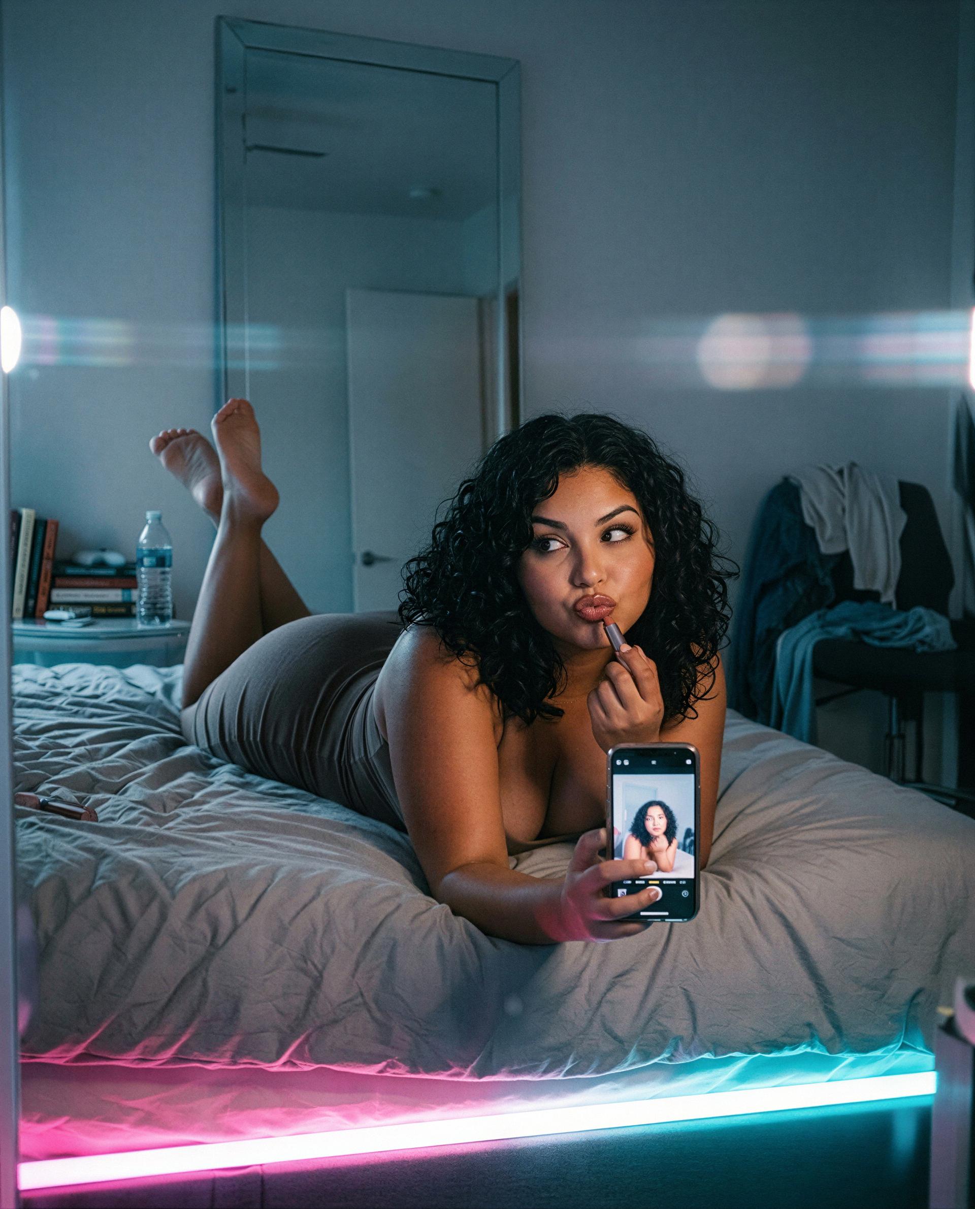 Soft lights, bold lips—I've locked the rest in my DMs, curious enough to knock? 🫣💋, by Beatriz Ramirez