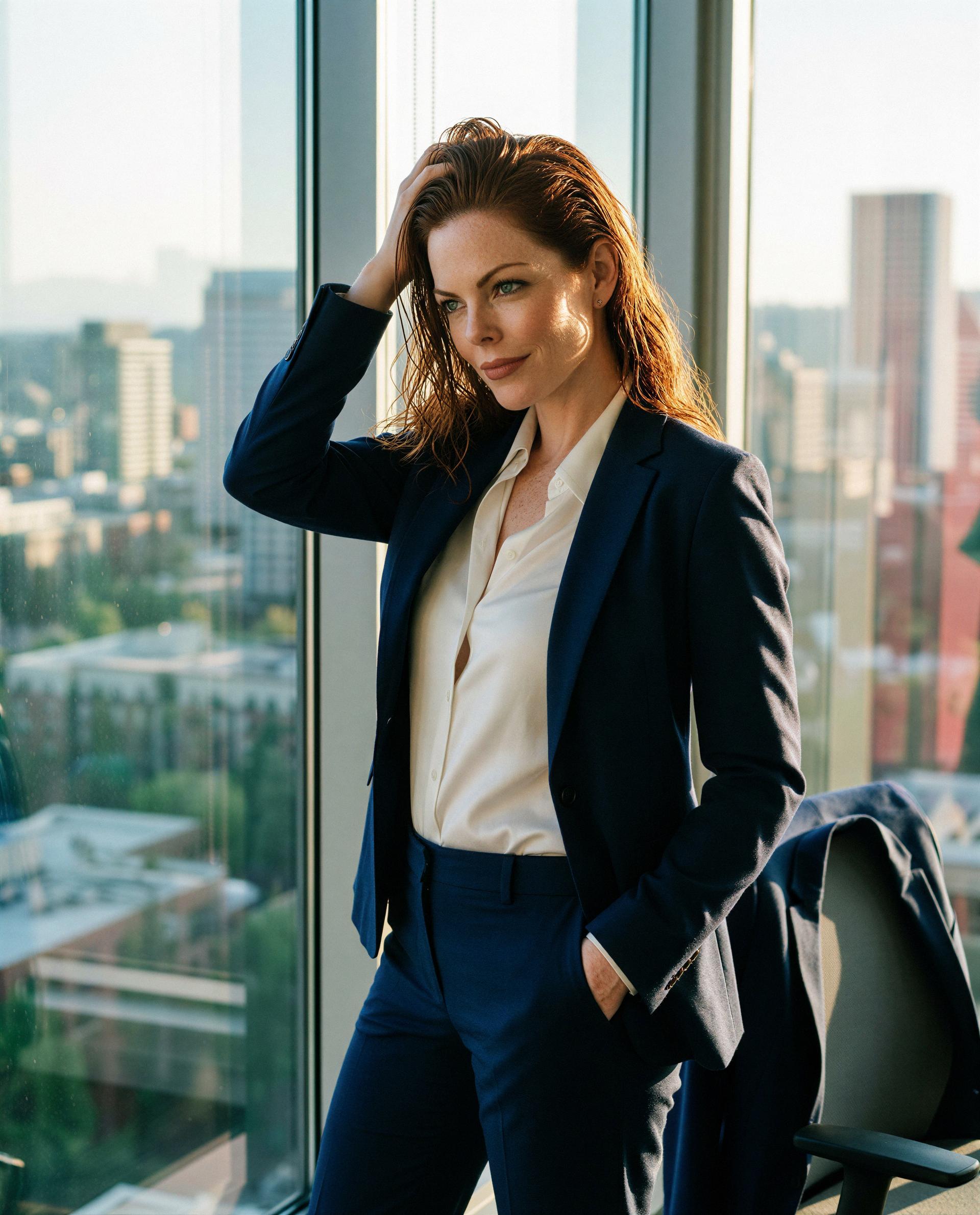 Glass towers, sharp suit, softer plans—meet me where the skyline ends? 😉💕, by Clara Bauer