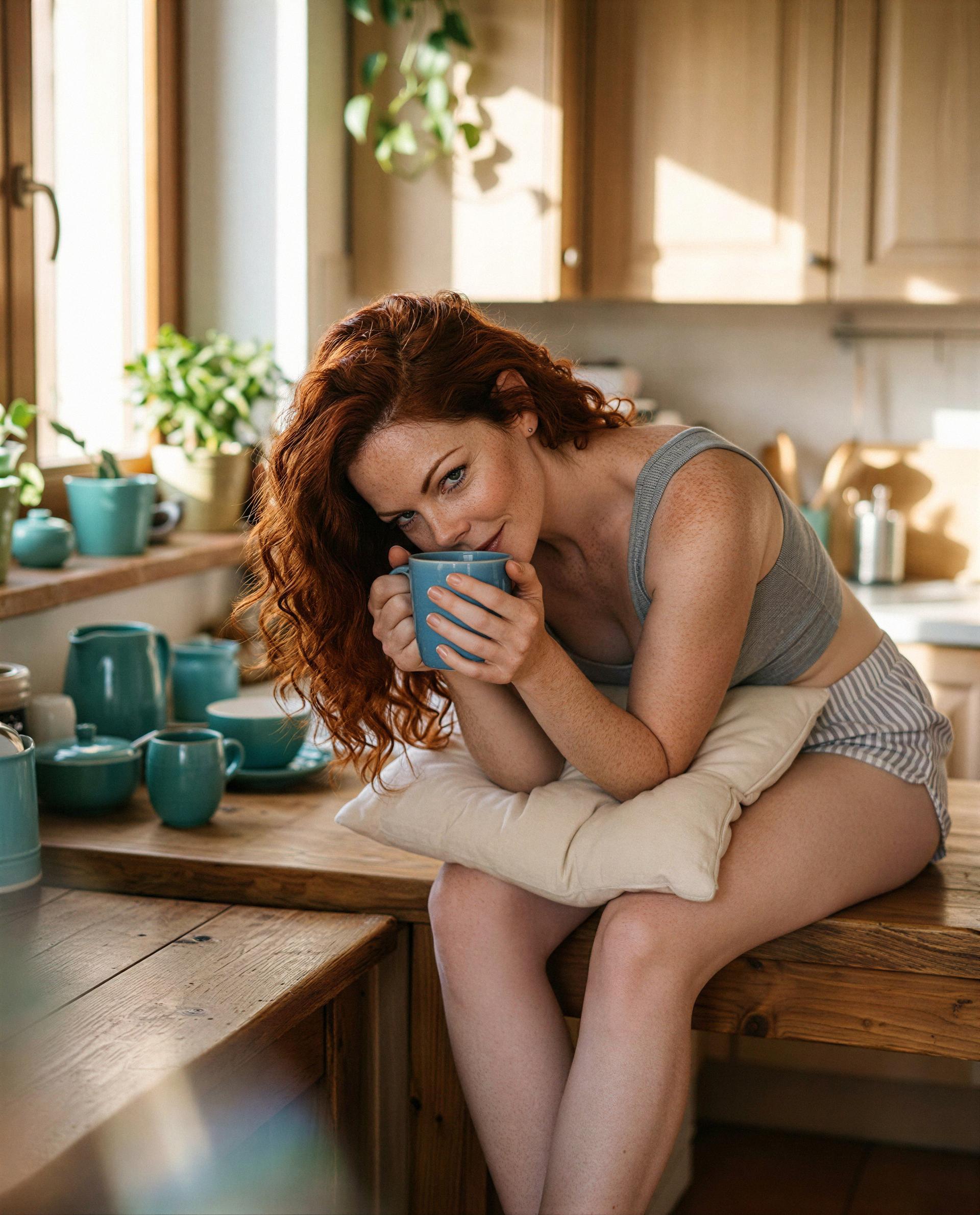 Cup in hand, thinking of you — come claim the first kiss of my morning. 😘, by Clara Bauer