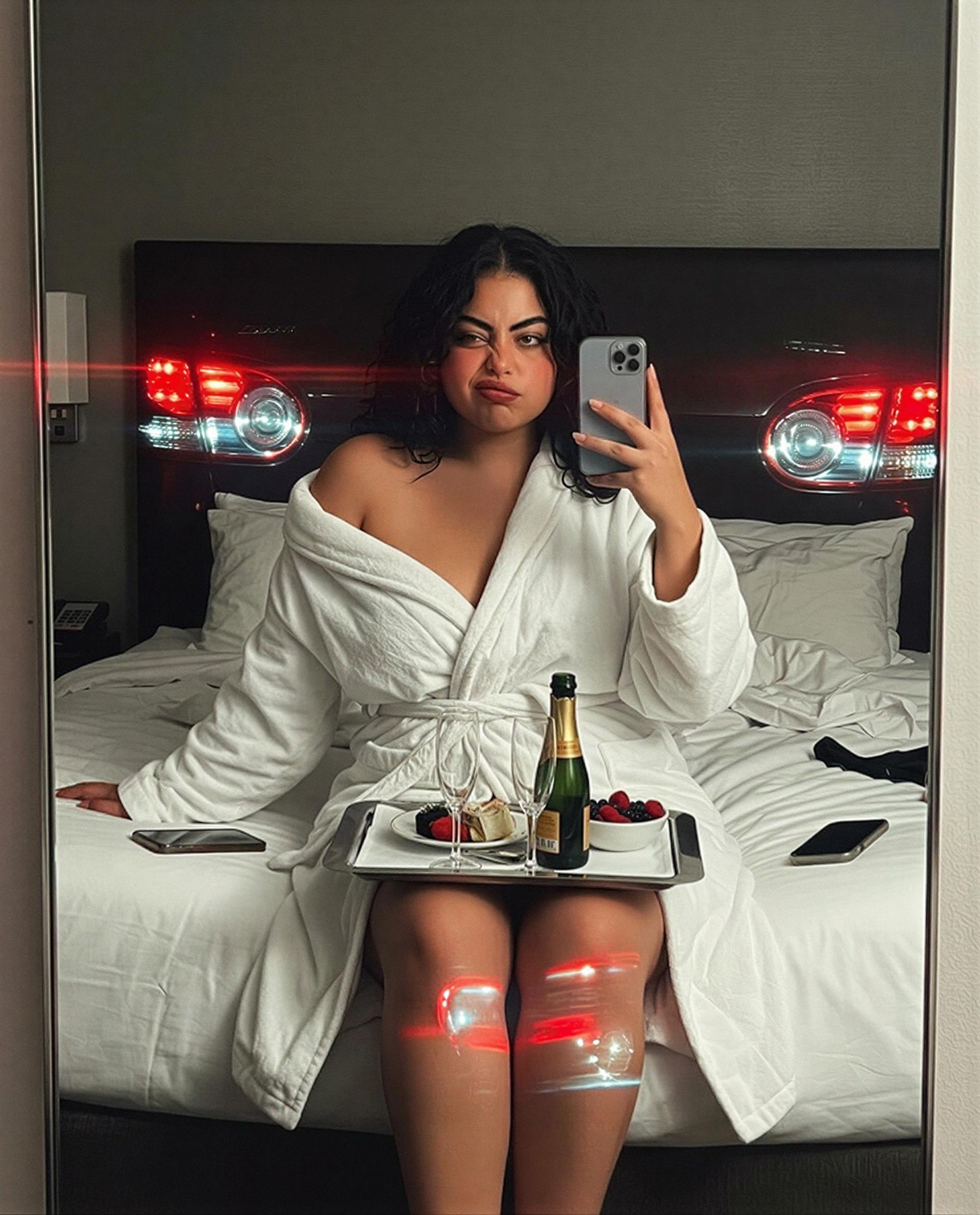Champagne, dessert, and me—ready to stay past checkout? 💋, by Ximena Moreno