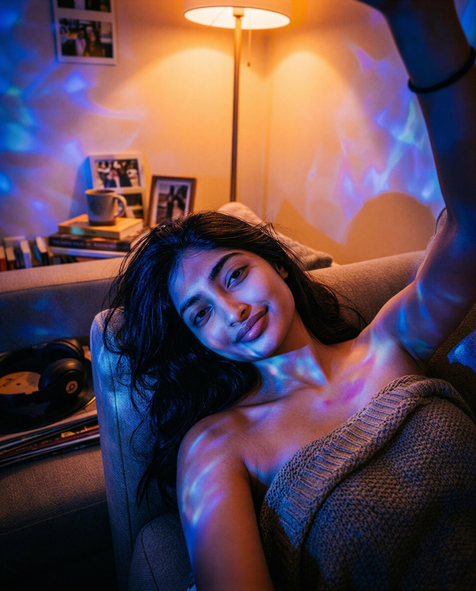 Blue lights, warm skin — tip me and I’ll make tonight unforgettable. 😈, by Fatima Roy