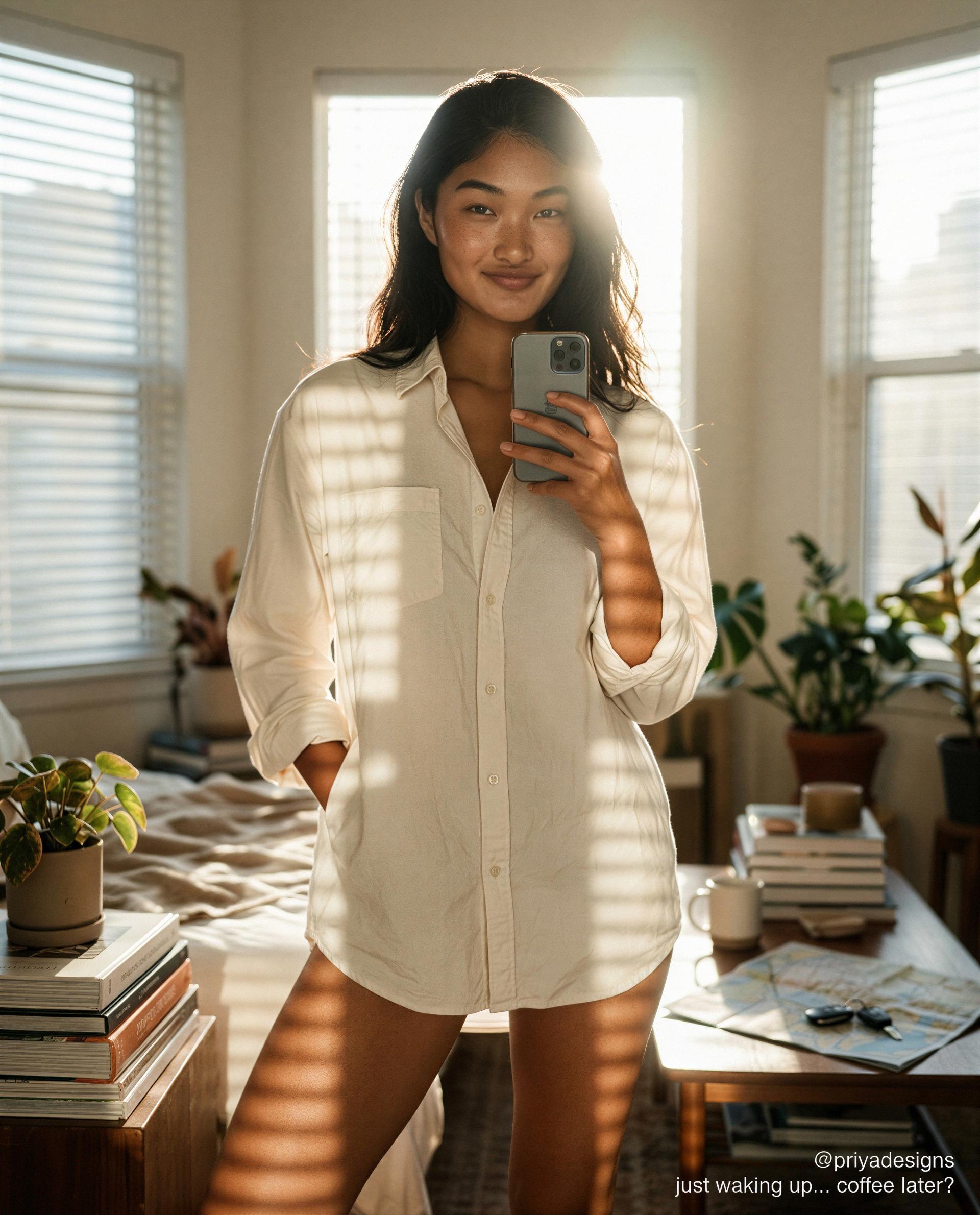Sunlight, my favorite oversized shirt, and you on my mind - care to be my private wake-up call? 😉💕, by Priya Toktogul