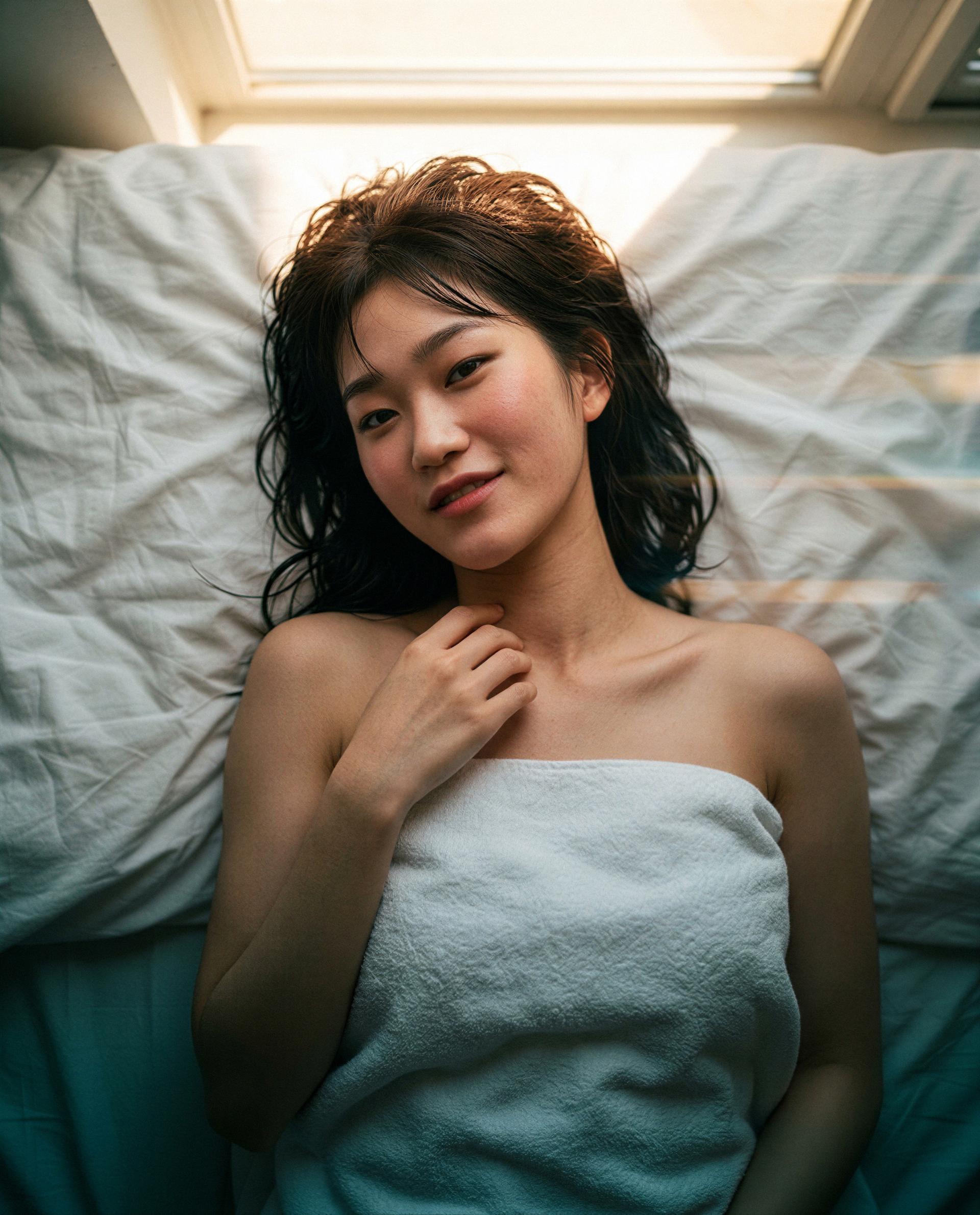 Sunbeam, towel, and zero plans - share a secret and I’ll return it with something more intimate. 😘, by Mai Choi
