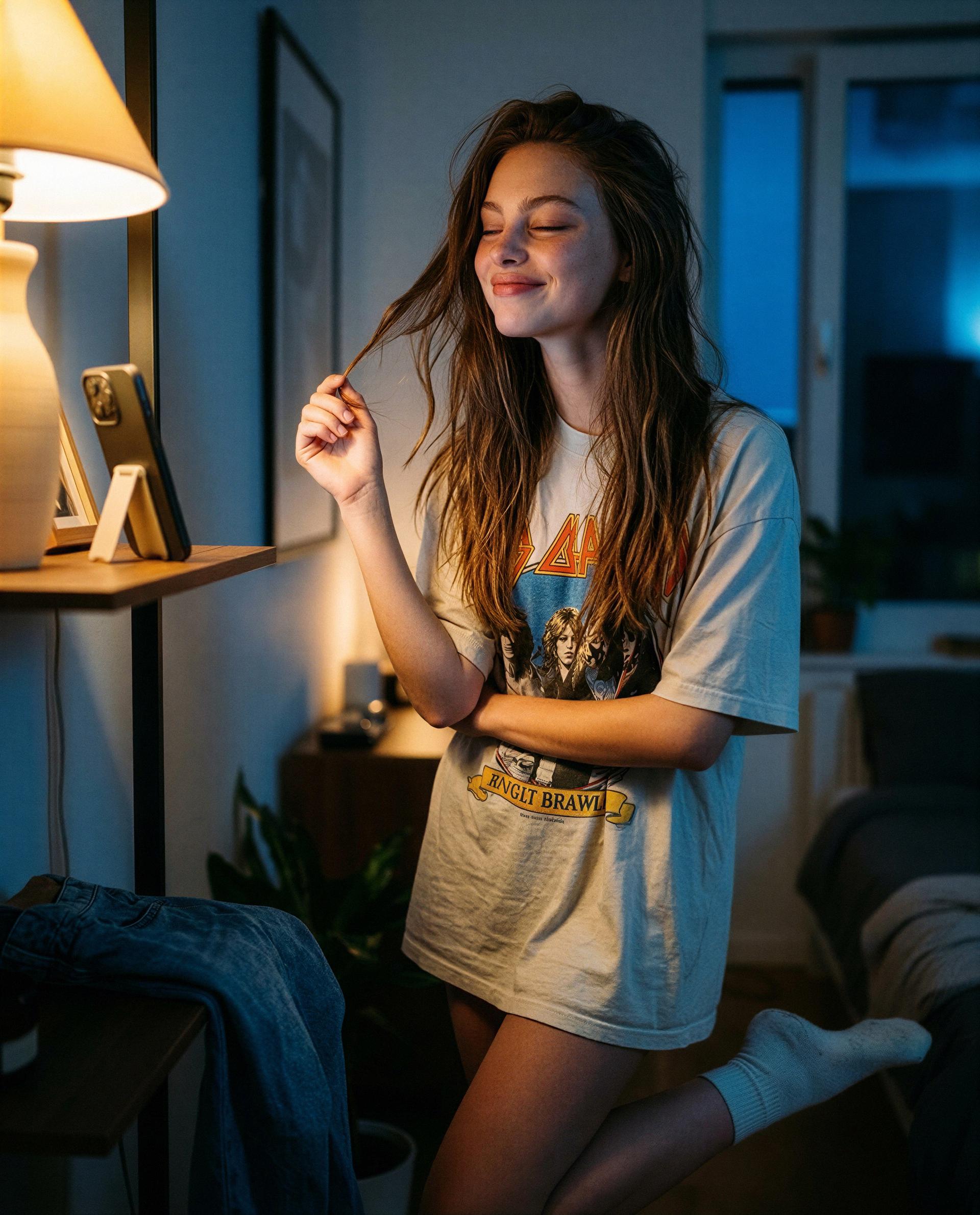 Big tee, sleepy smile - be the reason I giggle into my pillow later? 😉💕, by Colette Quinn
