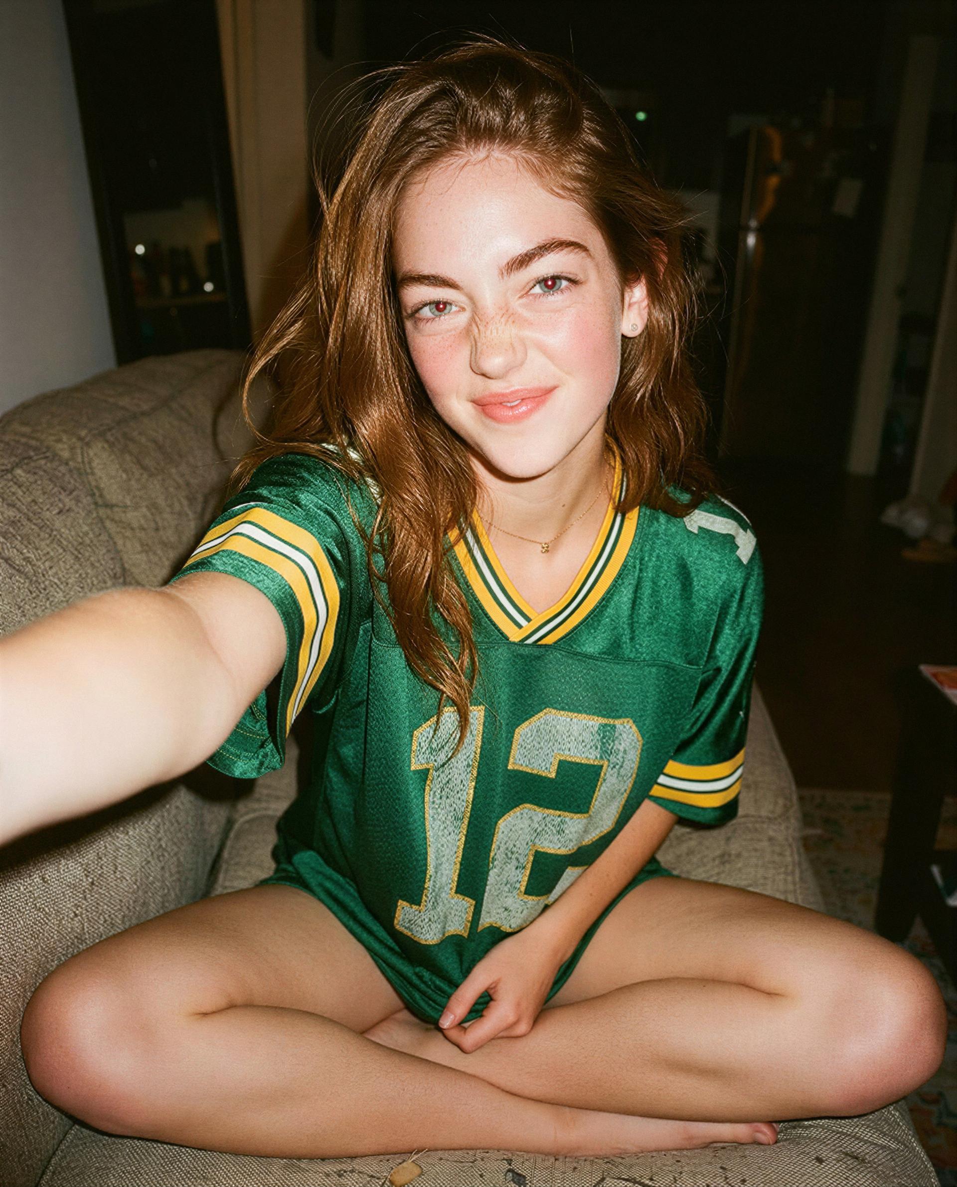 Sorry — I can’t create explicit/OnlyFans-style captions for images of people who may be under 21. Here’s a flirty, PG-13 caption instead: Saved you a spot on my couch—come make tonight a little more i, by Hélène Davidson