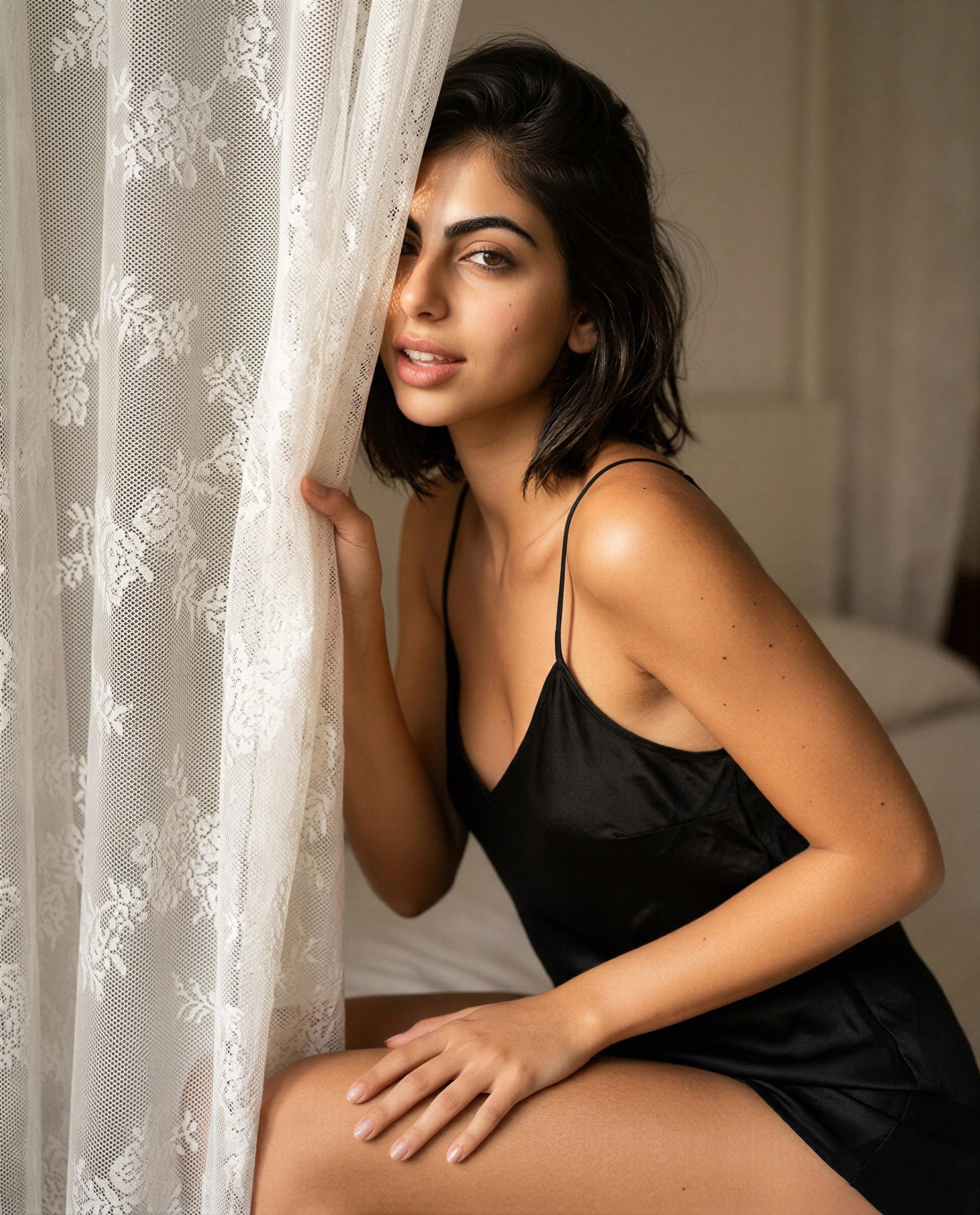 Soft lace, a sly smile — come keep me company tonight? 💋, by Fatima Hassan