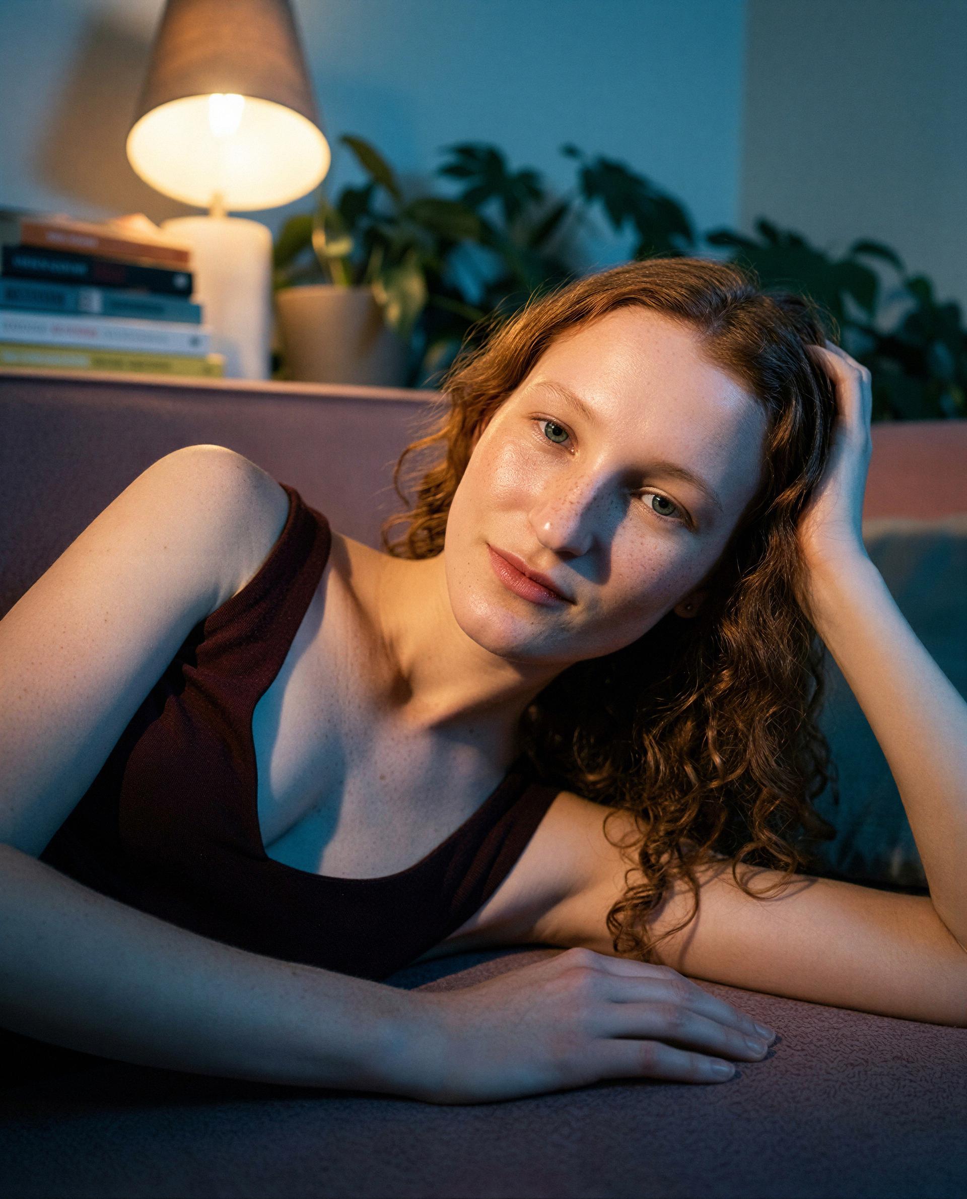 Curled up and thinking how much better this couch (and I) would feel with you—wanna test it? 😘💕, by Lucia Schulz