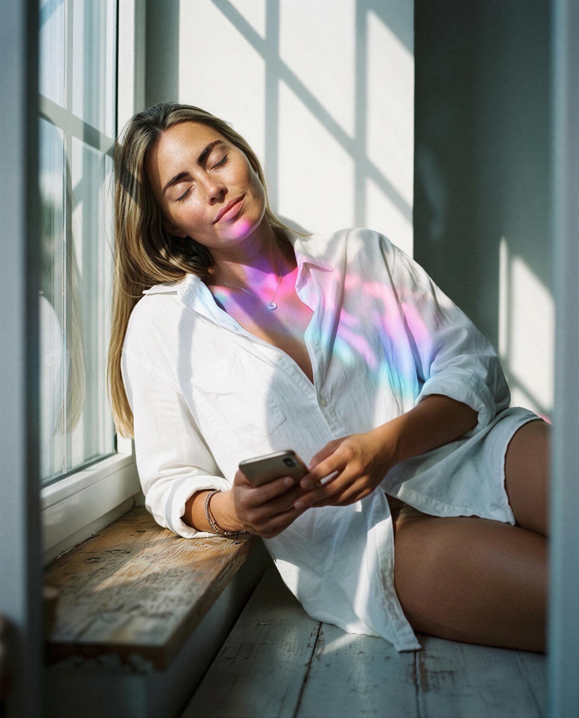 sunbeam on my skin, phone in my hand — i've got an exclusive waiting, curious?, by Anna Johansson