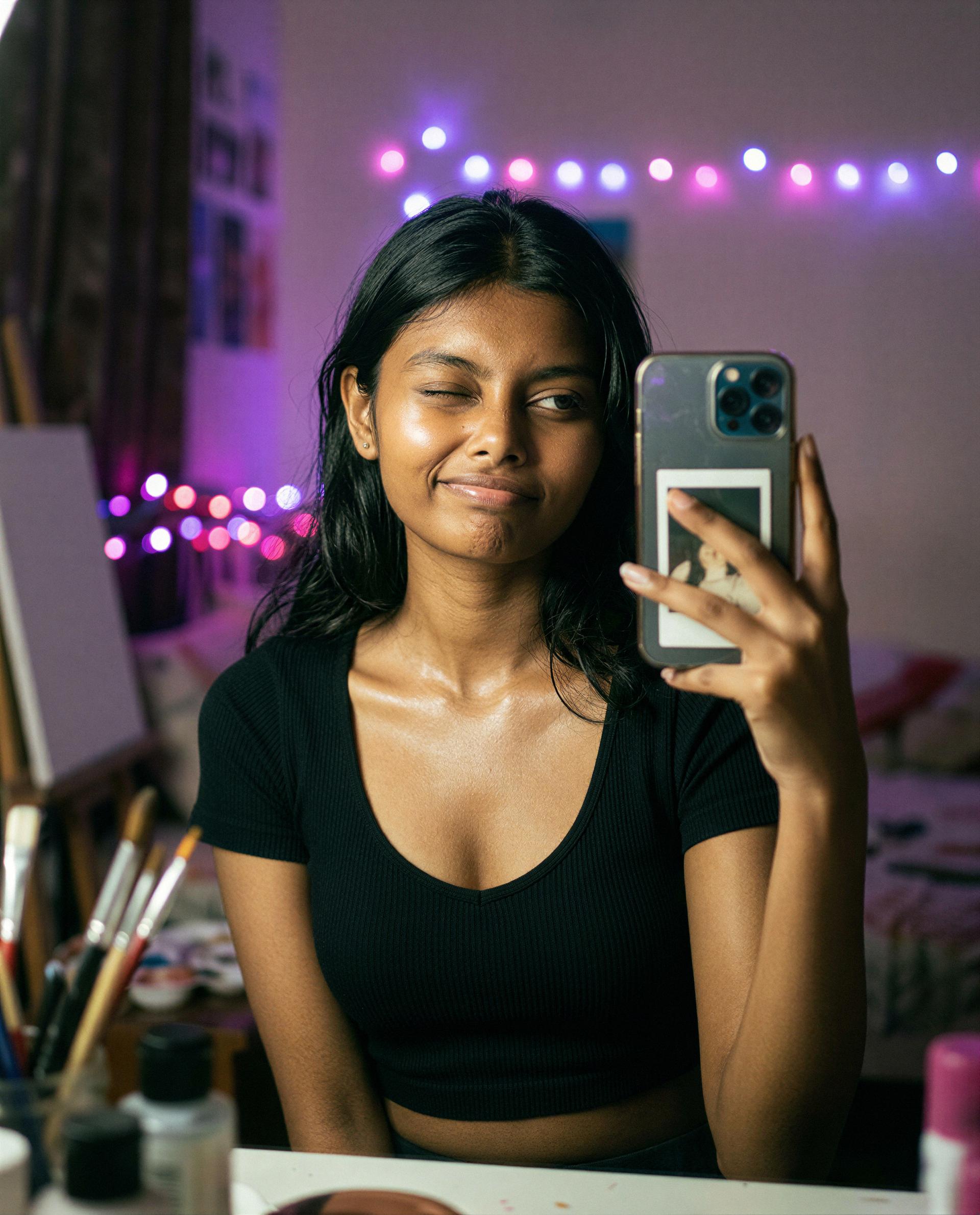 Steamy mirror moment—think you can handle what's behind the wink? 😉, by Esha Joshi