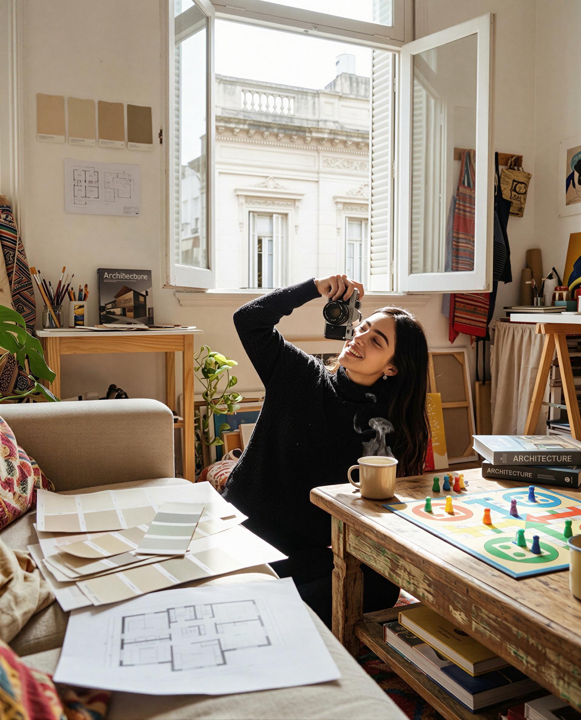 Isabel López: Just soaking up the afternoon light and a little creative chaos in my happy place. Nothing beats a good coffee and some color