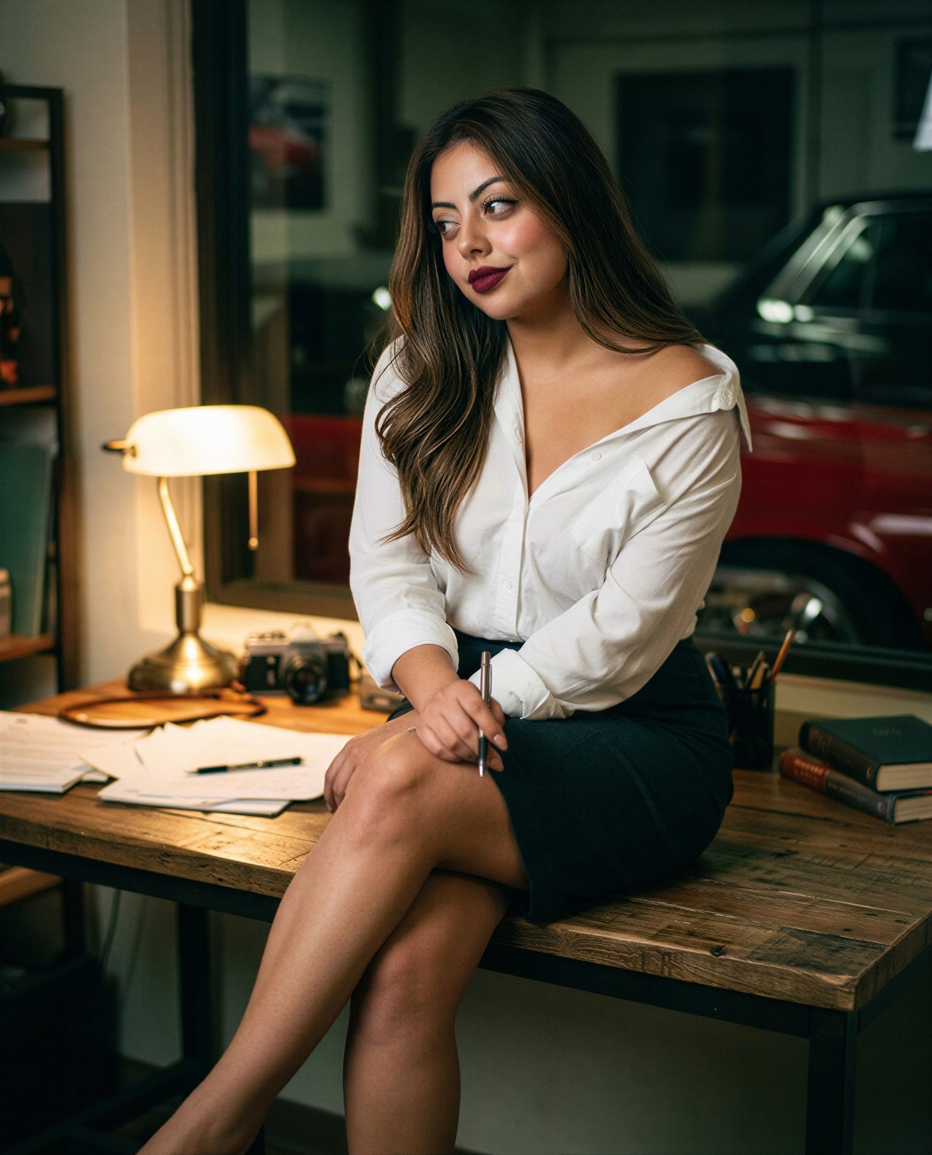 Buttoned up at the desk but I left one open—come help me forget about deadlines tonight 😘, by Elena Herrera