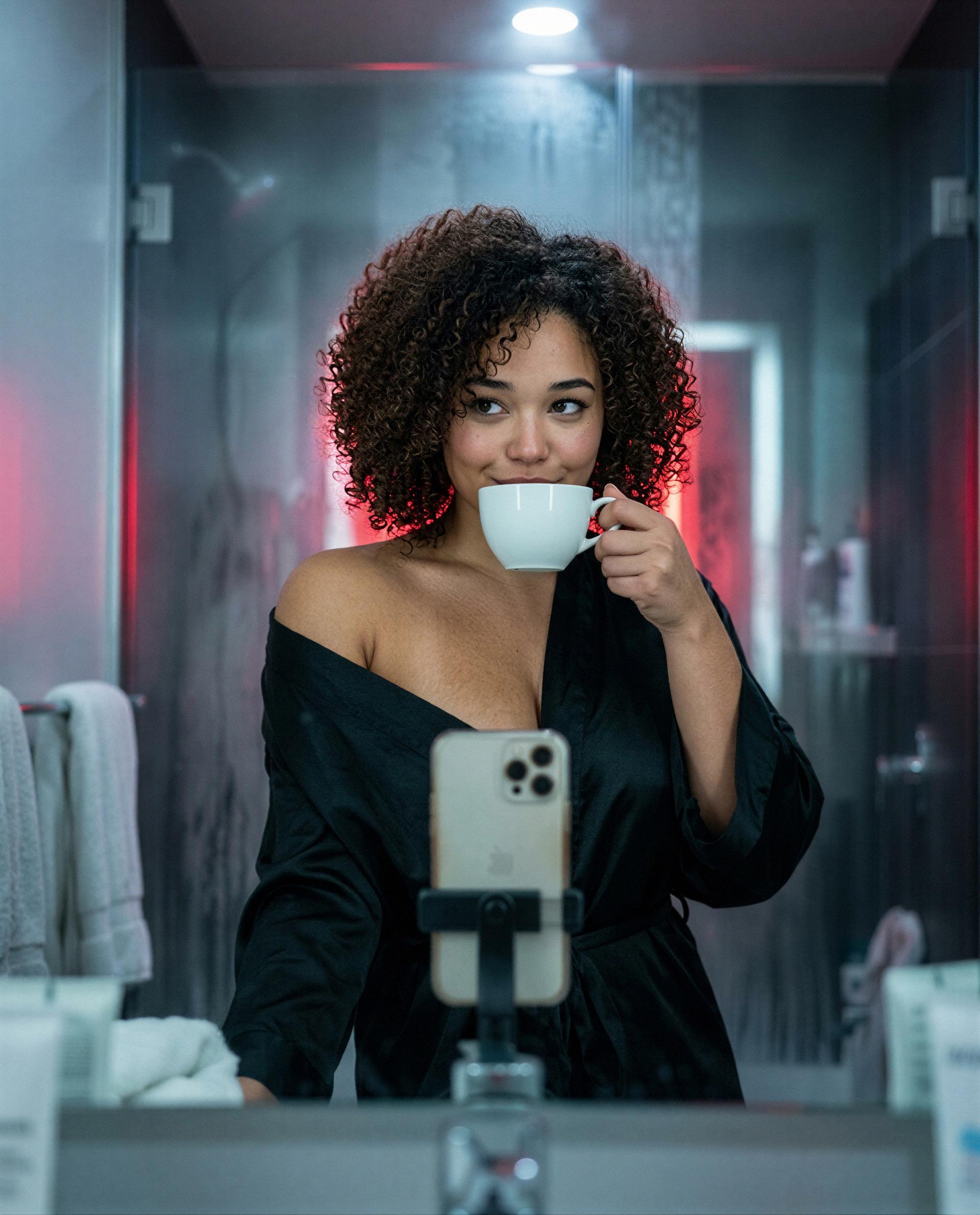 Just me, my robe, and a cup—wanna be the only one I smile at today? 💕, by Dalia Mthembu