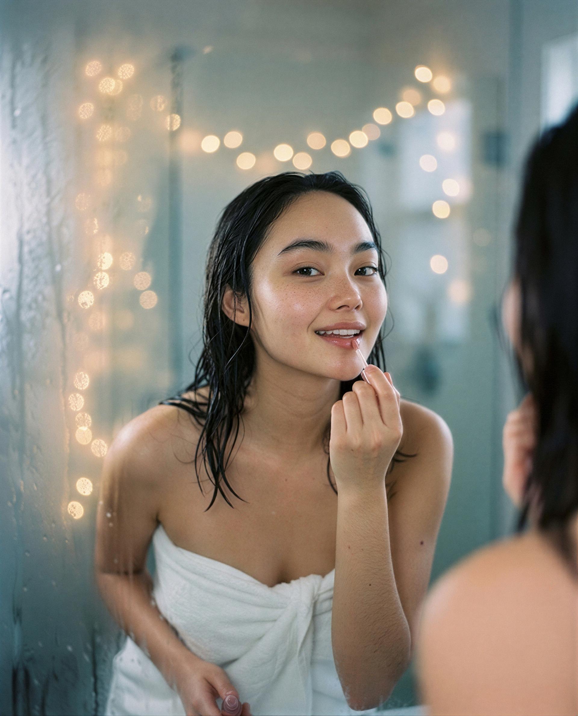 Wet hair, warm mirror, and this gloss—wanna be the only one who sees the rest? 😉💕, by Aisha Nguyen