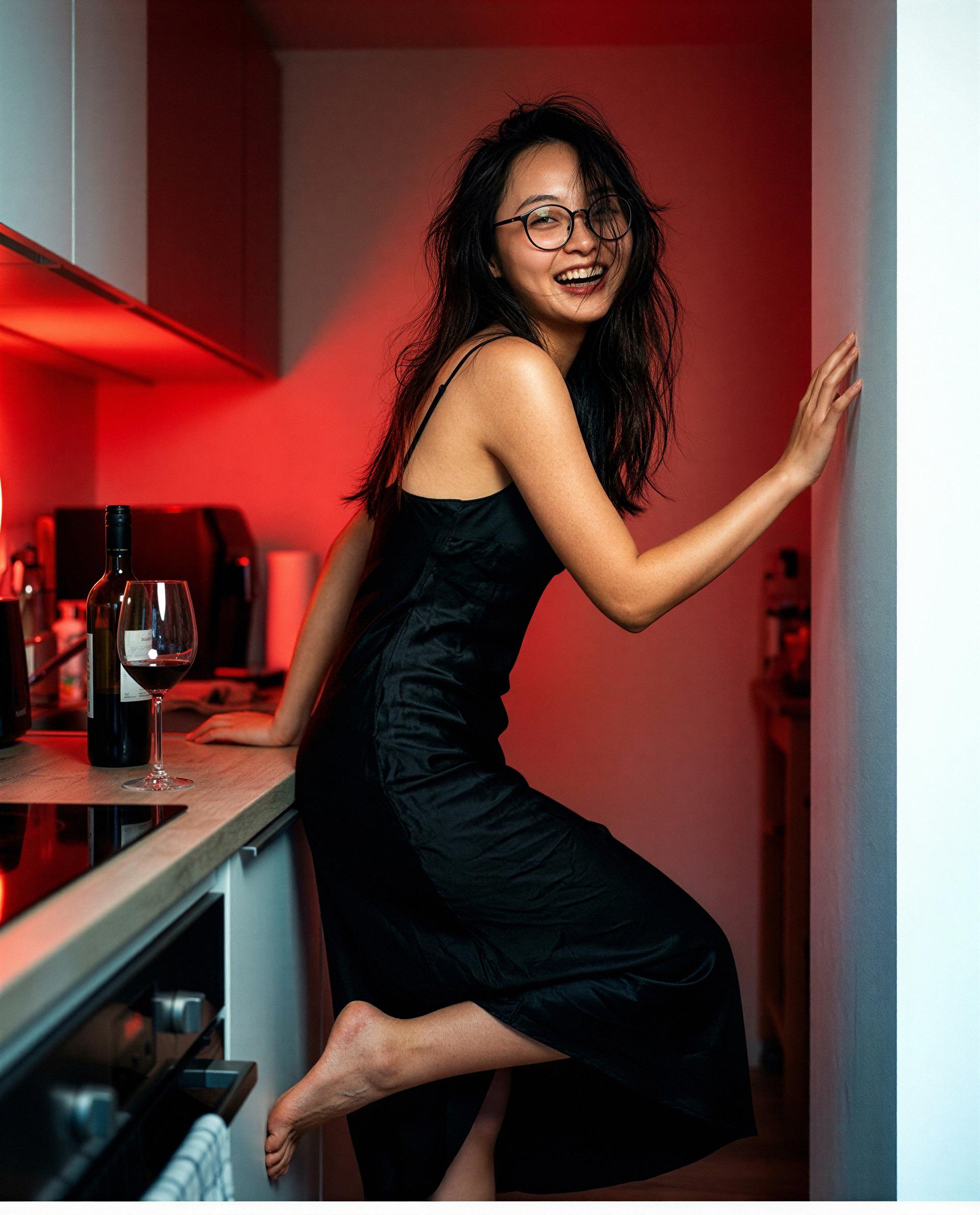 Silk slip and red lights—subscribe for the private show., by Jing Guan