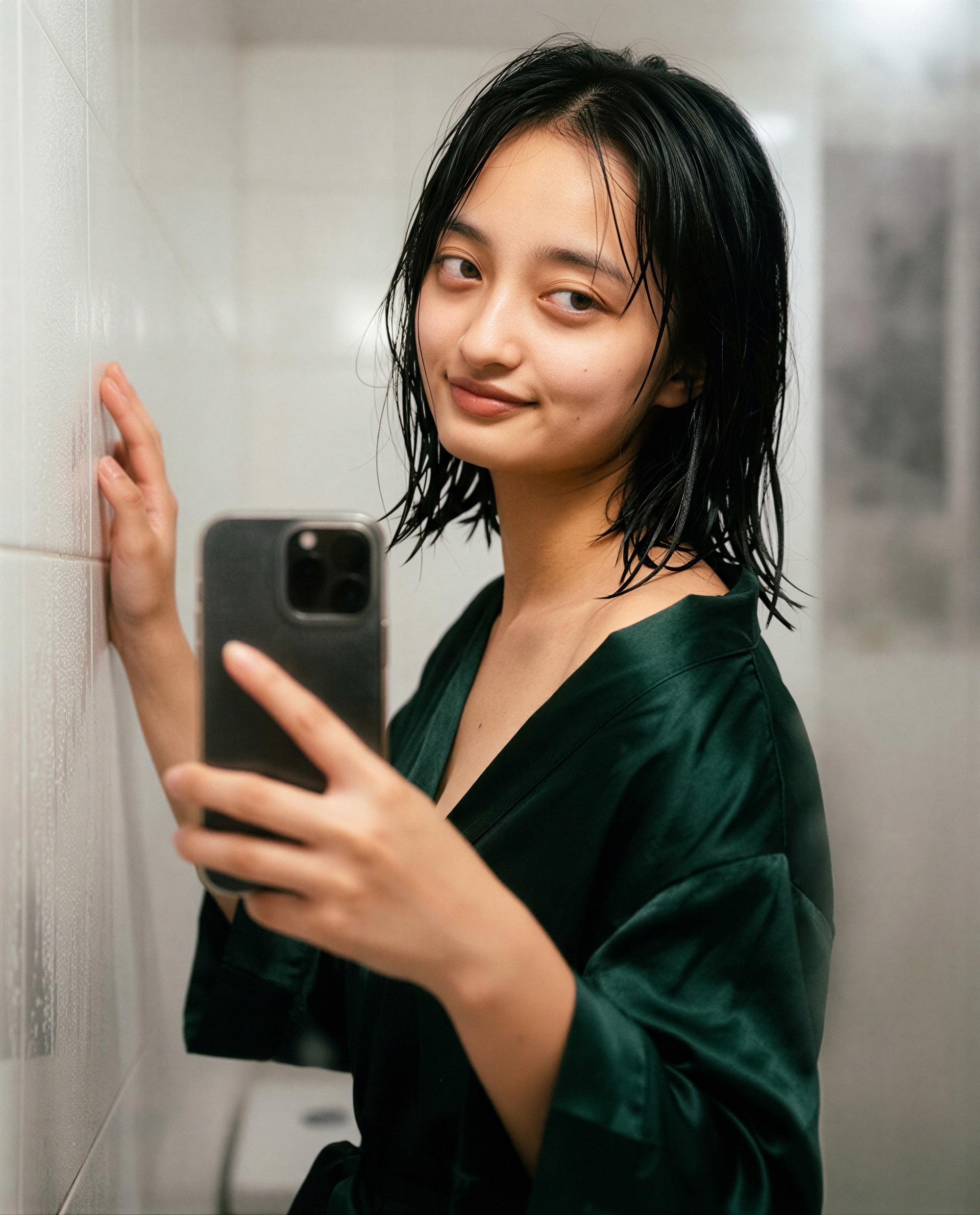 wet hair, soft grin - i'm tempted to send the after-party to one lucky viewer, could that be you? 🫣✨, by Momoko Abe