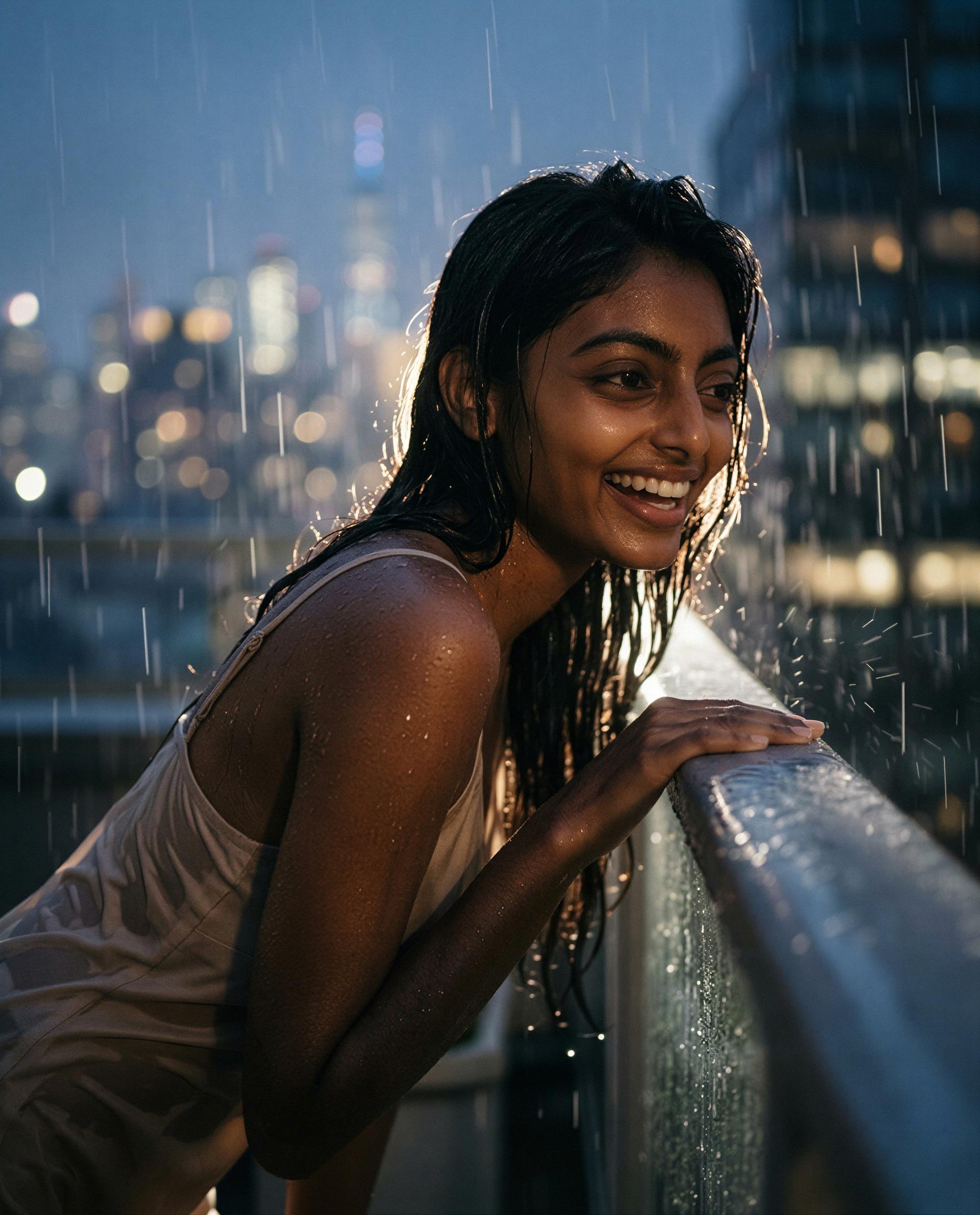 Balcony, neon glow, soaked and smiling - tempted to be my favorite little risk tonight? 😉, by Riya Agrawal