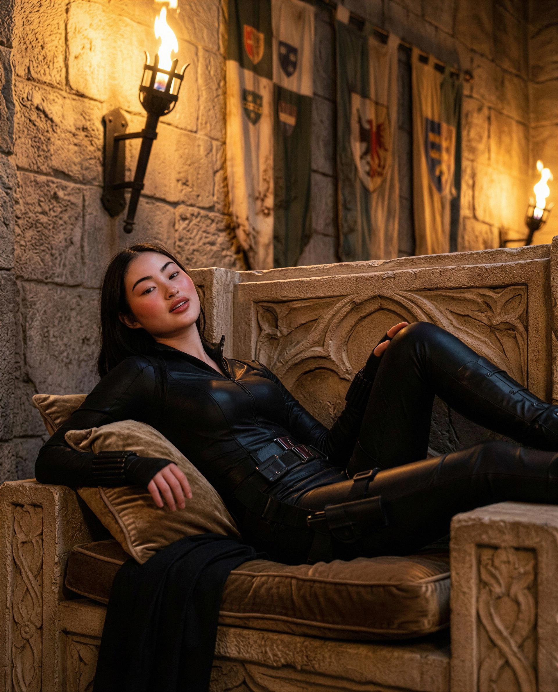 Castle vibes, leather thighs—tip for a private tour. 💋, by Amina Siti
