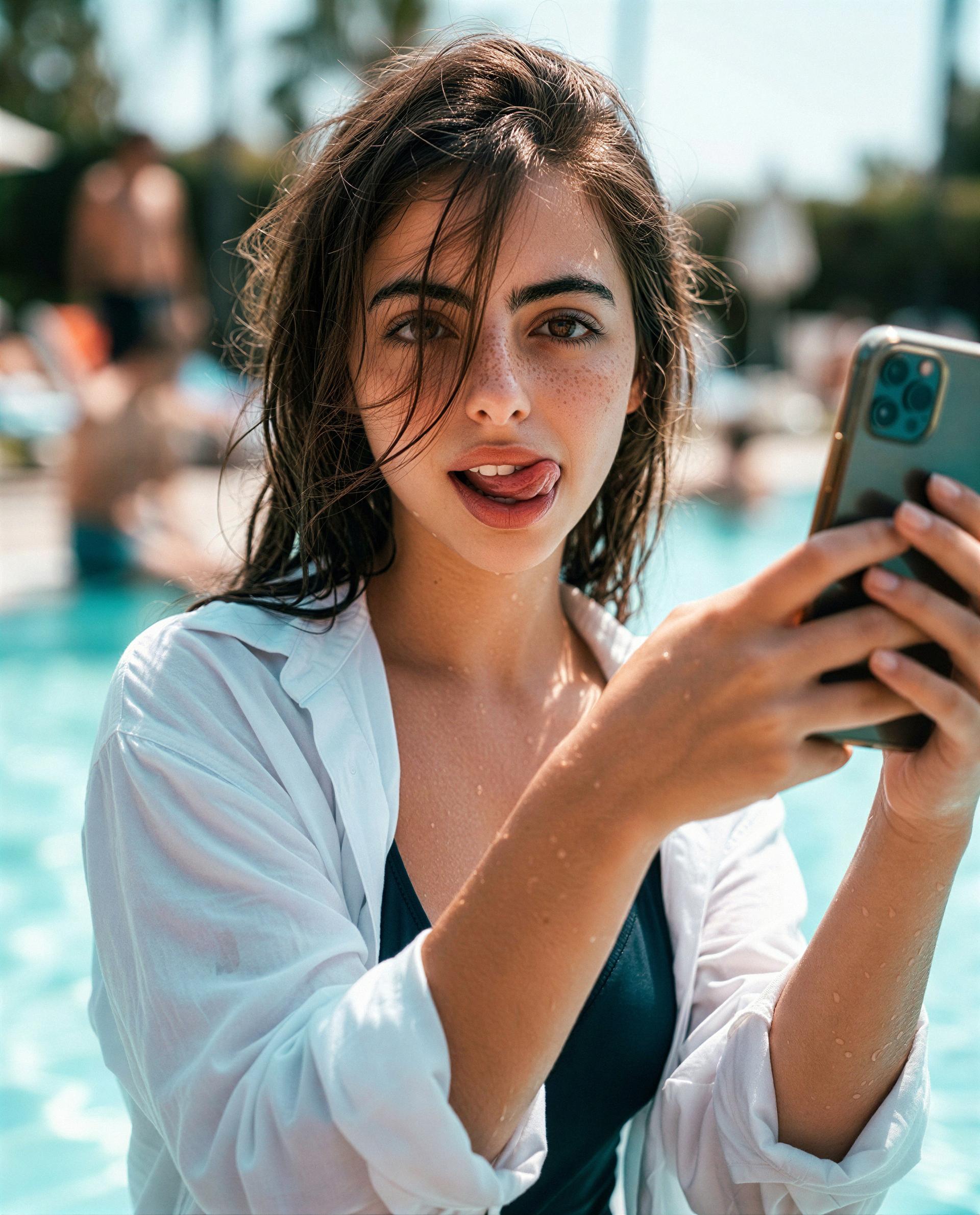 Pool, phone, and a little mischief—unlock the rest if you’re naughty enough 😉, by Dalia Hashim