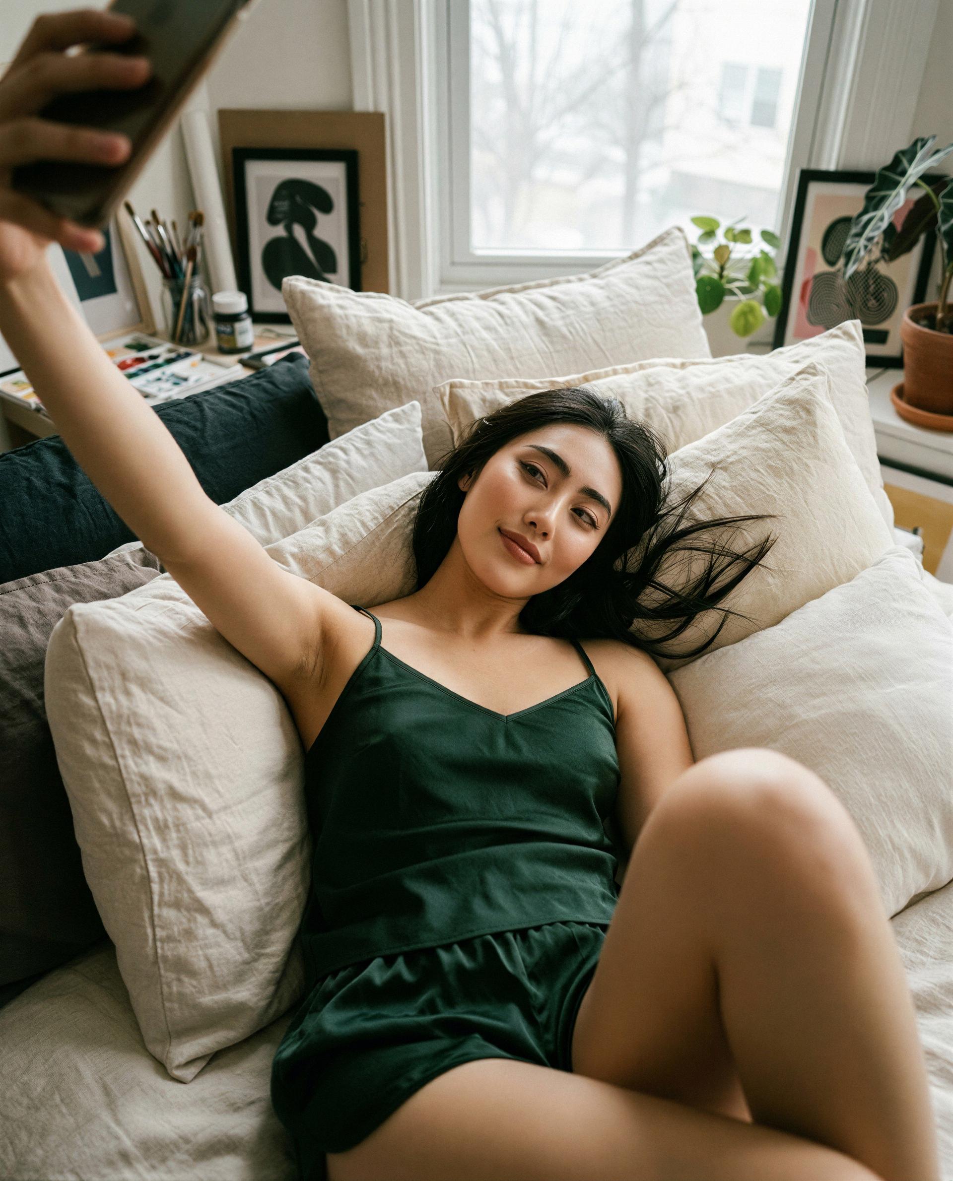 Green silk, lazy smile - want me to be your private distraction tonight? 😉, by Yoo-Jung Cheon