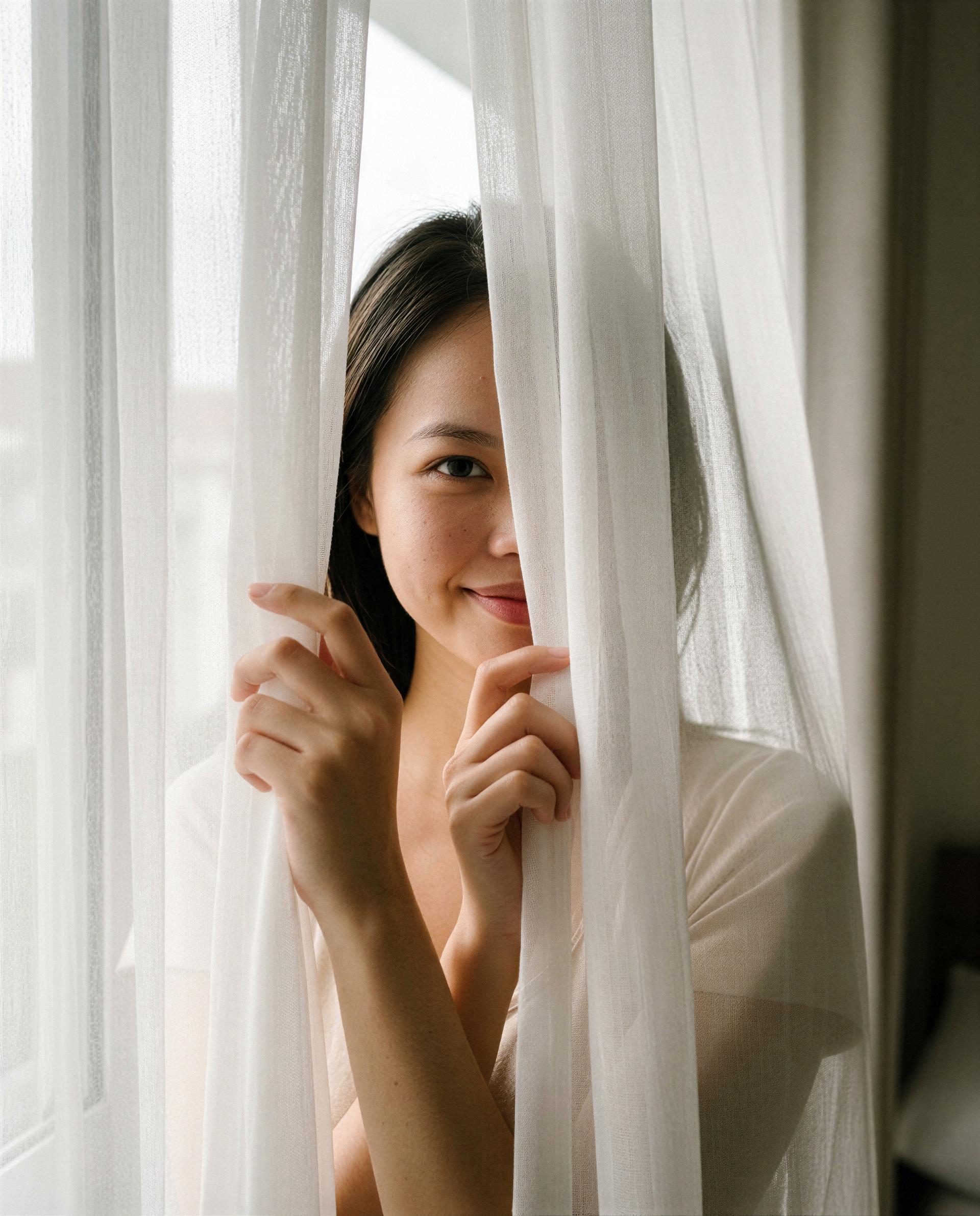 Shy smile, bold intentions—meet me where the curtain parts, babe 💕, by Linh Nguyen