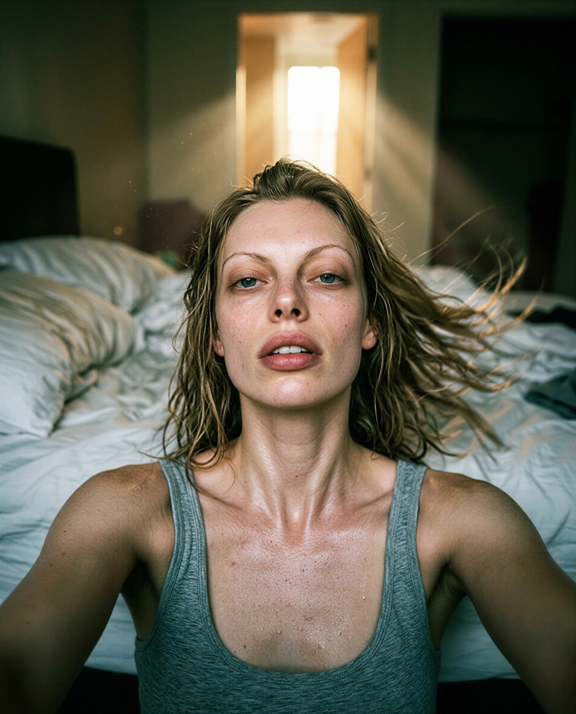 Bed rumpled, hair wild, and zero patience—who’s ready to break the rules with me? 😉💕, by Gabrielle Durand
