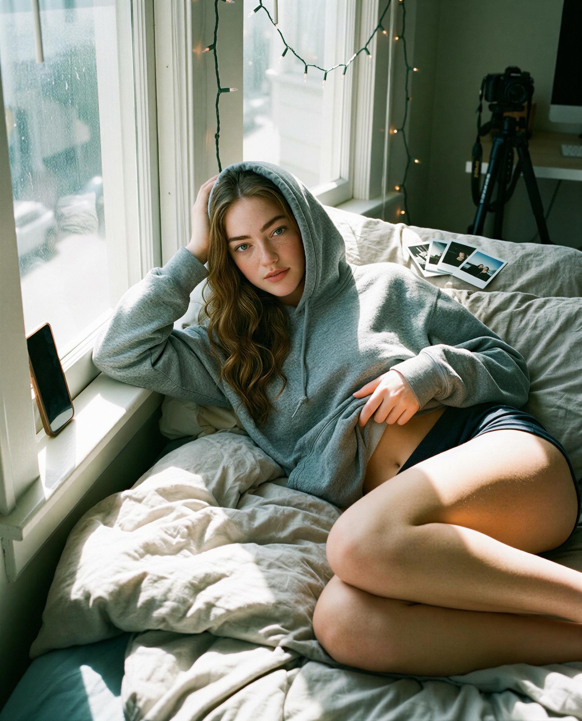 Hoodie up, sunlit bed—come make my lazy afternoon a little more unforgettable 😉💕, by Hélène Davidson