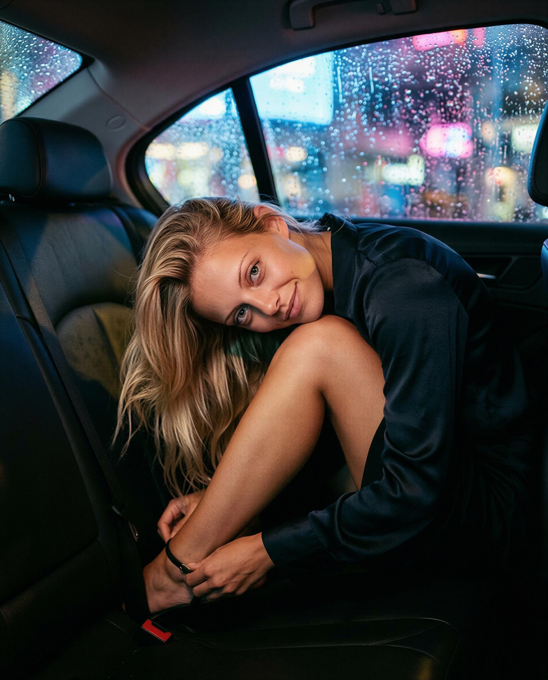Backseat, raindrops, and my mischievous side awake—be the reason I blush tonight? 🥺✨, by Emilia McGuire
