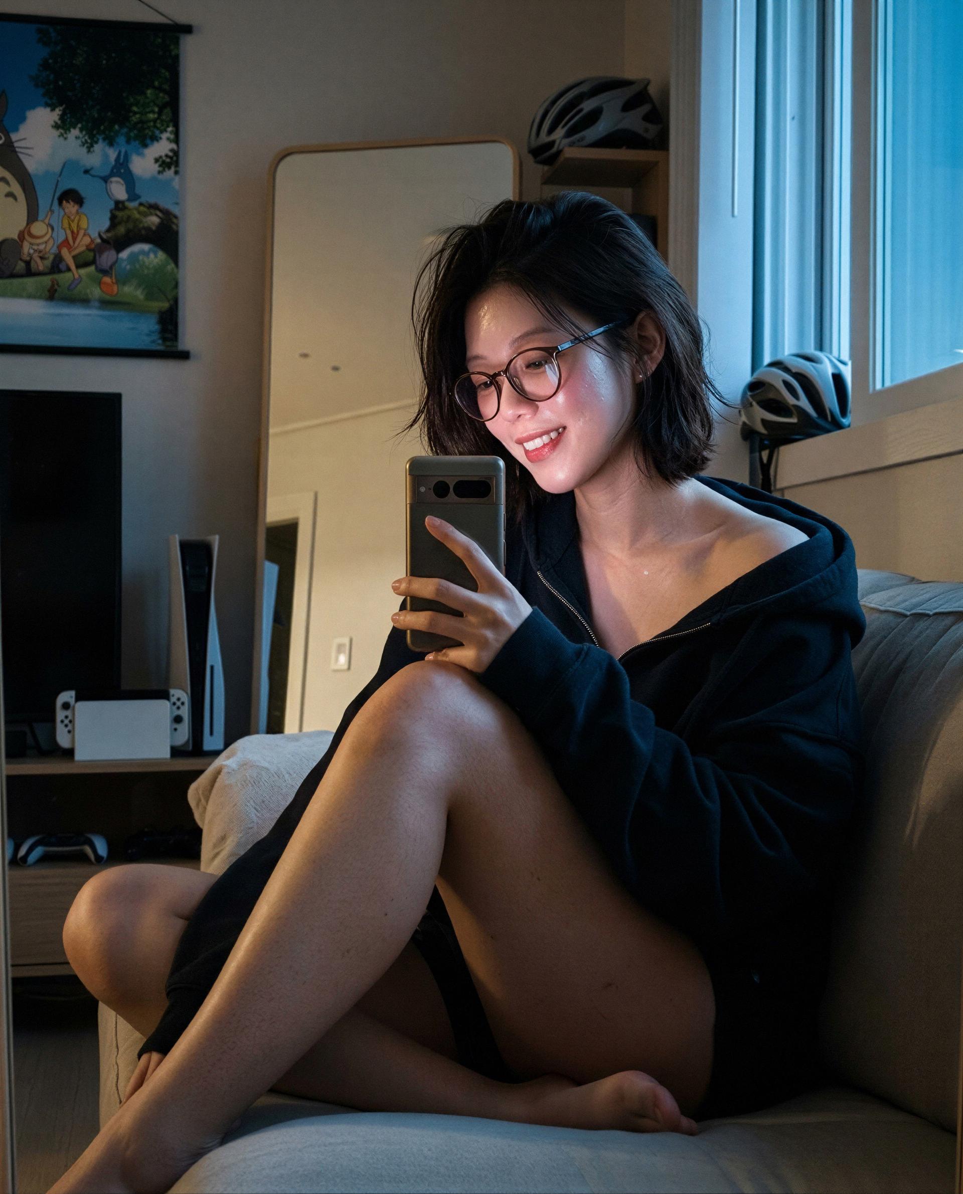 Soft hoodie, messy hair, and an offer: a private show or whispered secrets - choose your poison. 😉, by Jiyeon Yoon
