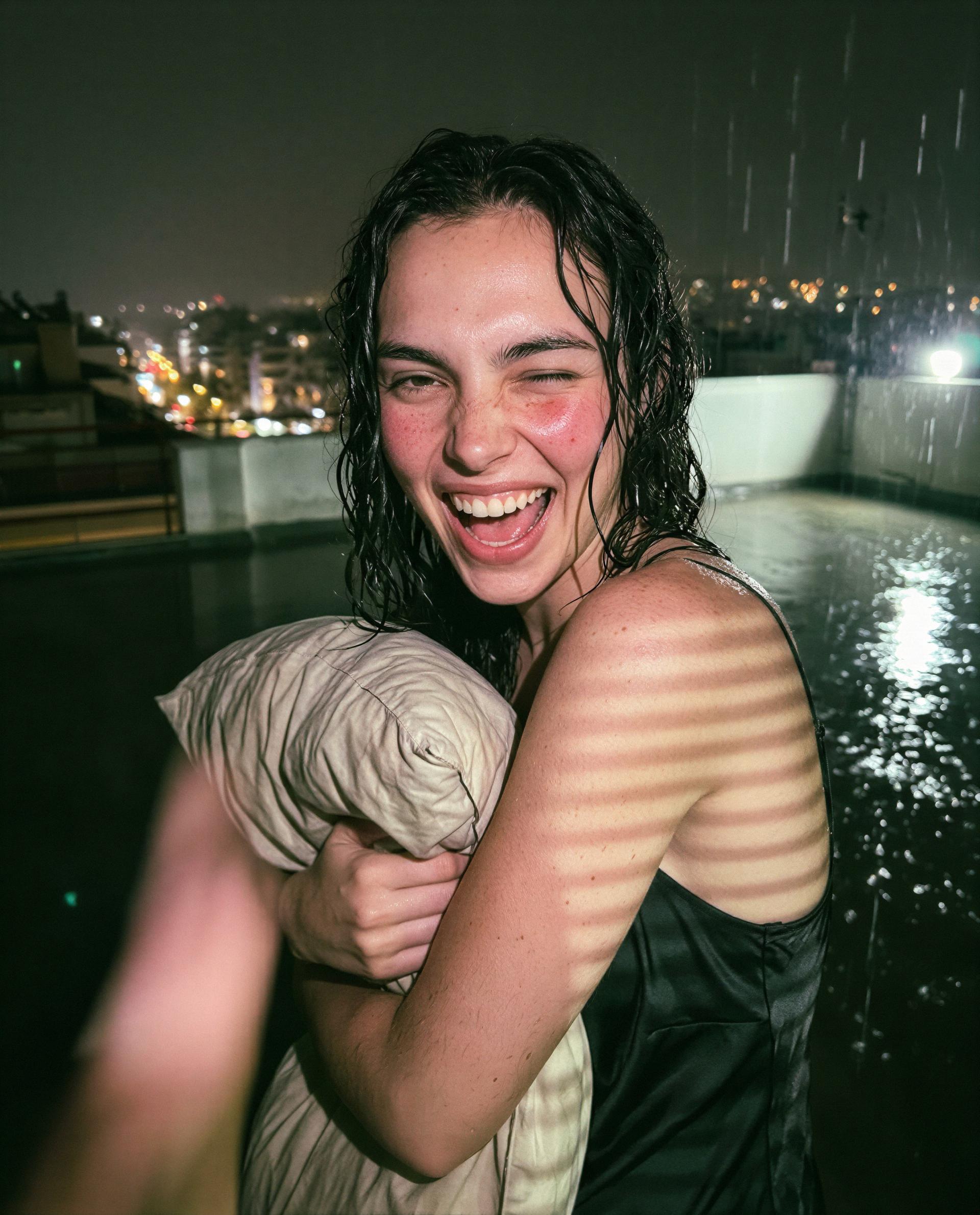 Rooftop rain, wet hair, and me daring you to finish the night with one reckless kiss—your move 😘, by Anna Georgiou