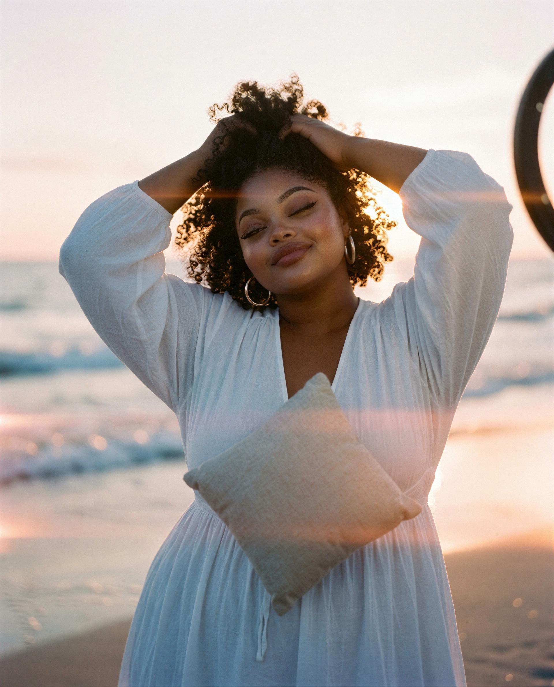 Sunset, soft cotton, and a pillow that’s begging for your hands - come take me to the water 💋, by Ayana Ade