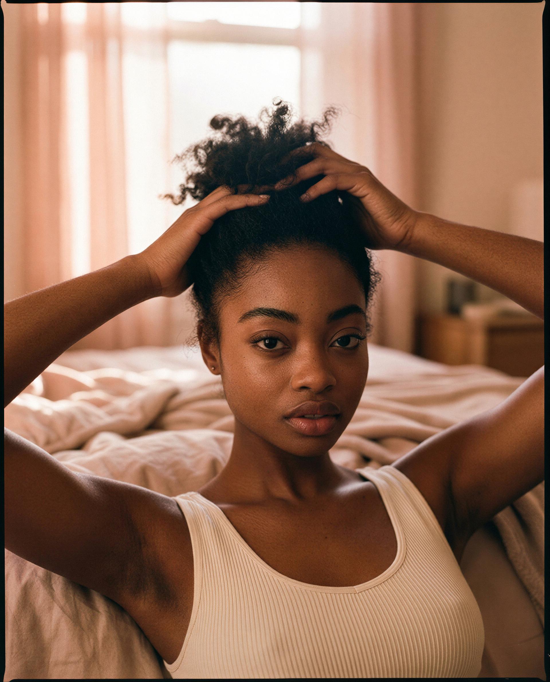 Hair up, sheets warm - be my reason to stay in? 😉💕, by Zola Lewis