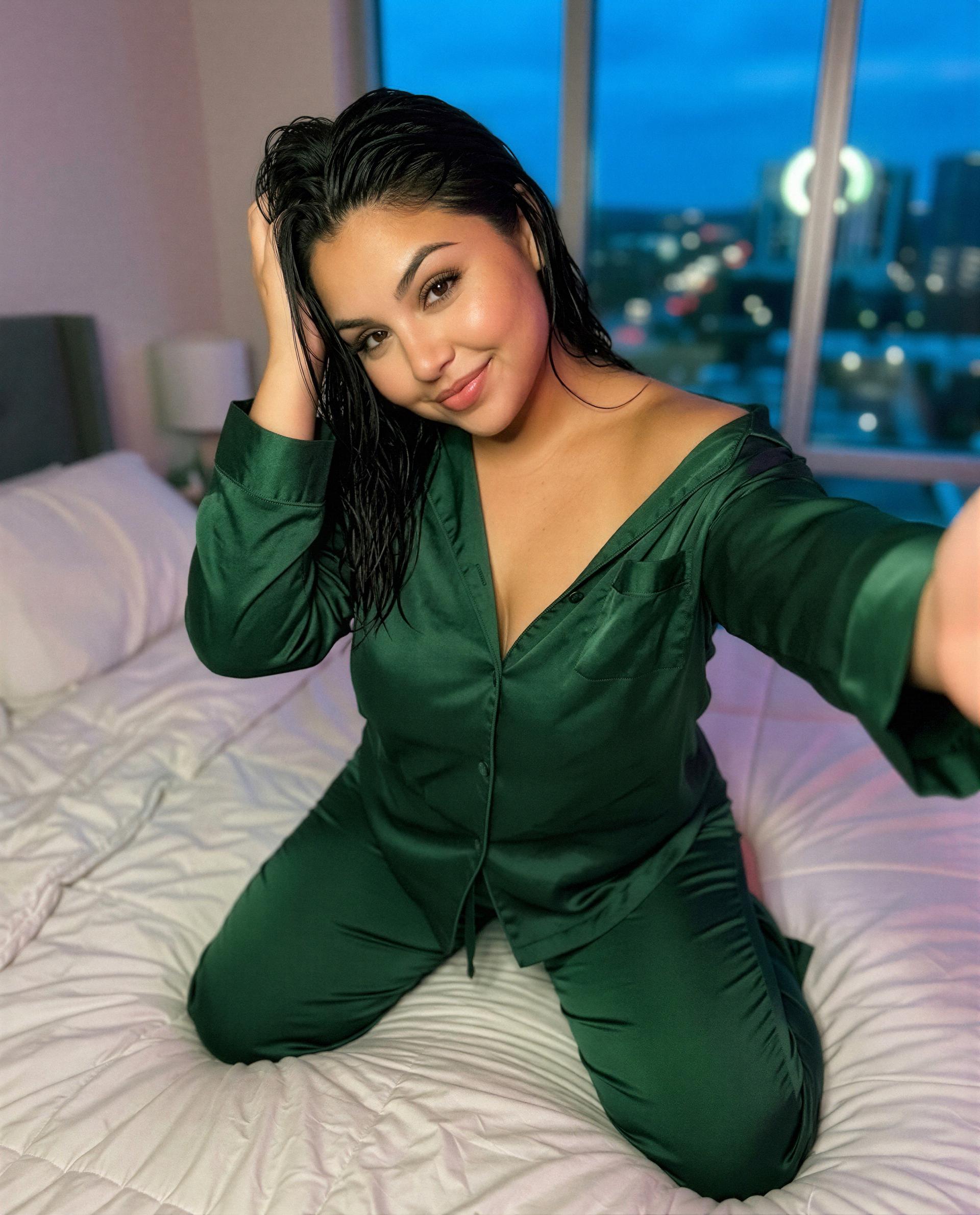 Emerald PJs, wet hair, and an open tab with your name - click if you're brave? 🫣, by Beatriz Ramirez