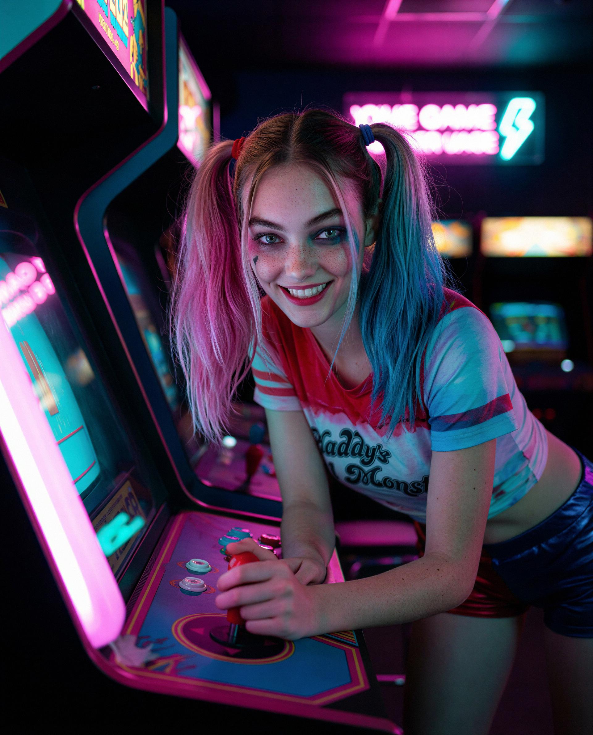 Arcade lights, pigtails, and a VIP spot in my DMs—come claim it? 😳🎮💌, by Genevieve Miller