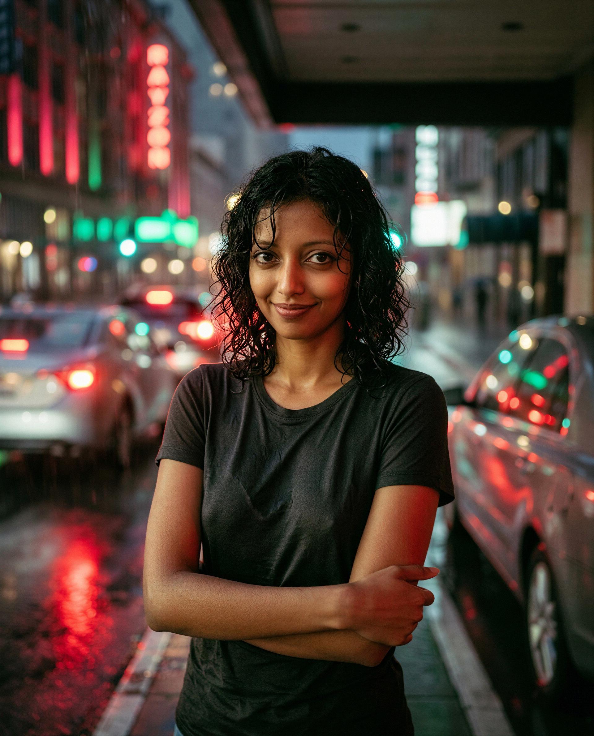 Damp curls and neon glow—I've saved you a spot beside me, come claim it? 😉, by Uma Iyengar