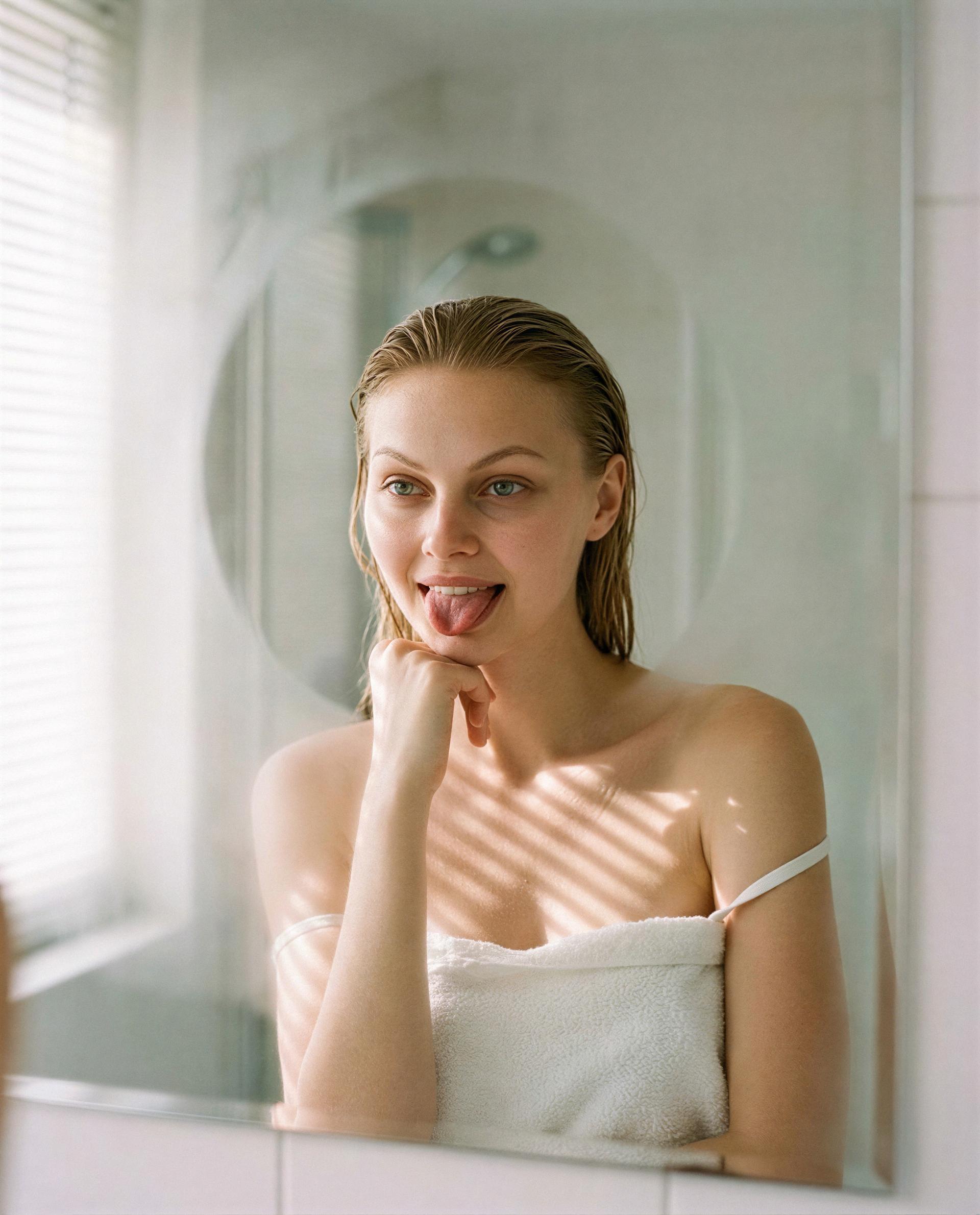 Foggy mirror, wet hair, and a smile saved just for the lucky one—miss me yet? 💕, by Tatiana Ivanova