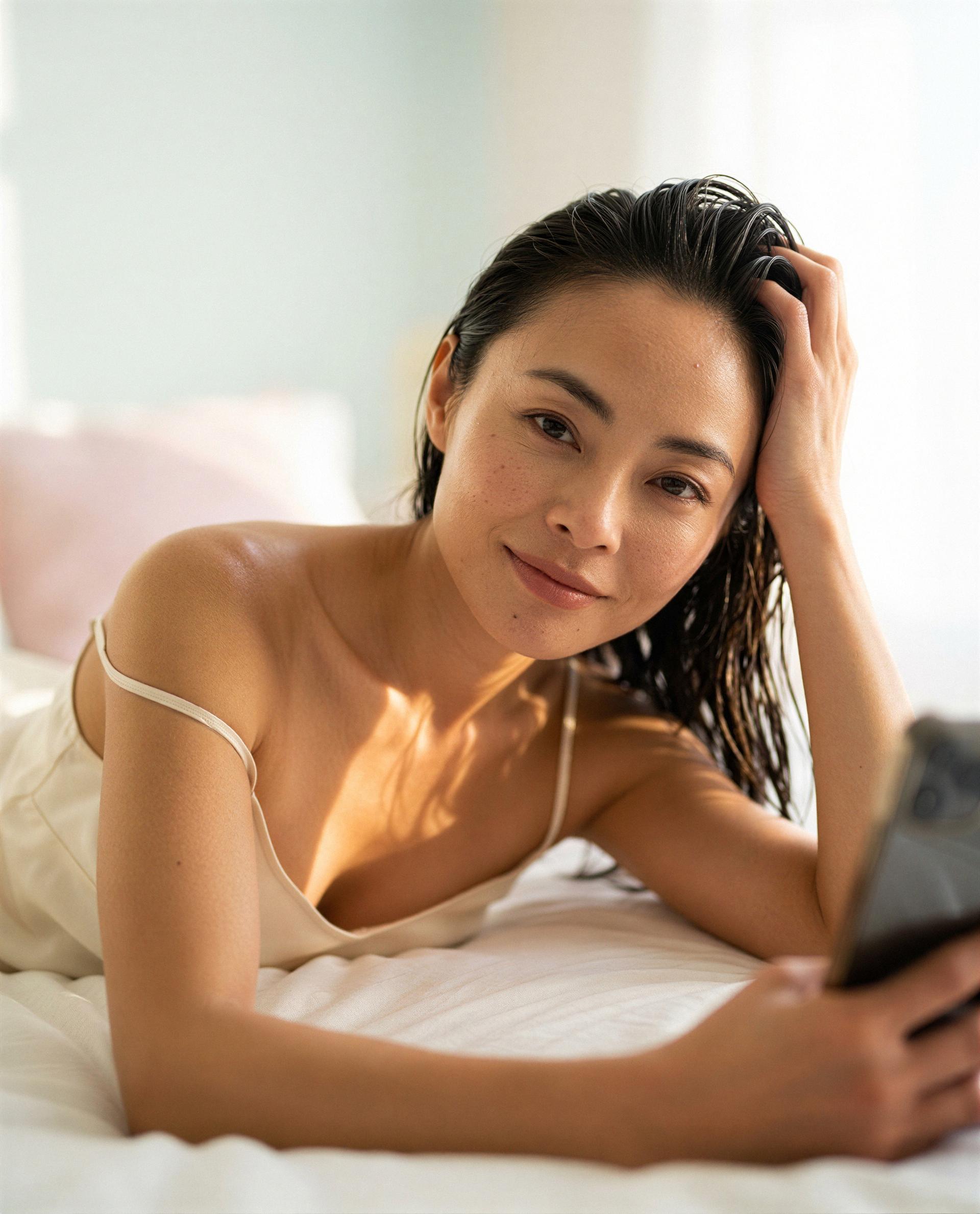 Wet hair, slow smile - want to trade screens for something a little more private, love? 💕, by Tara Das
