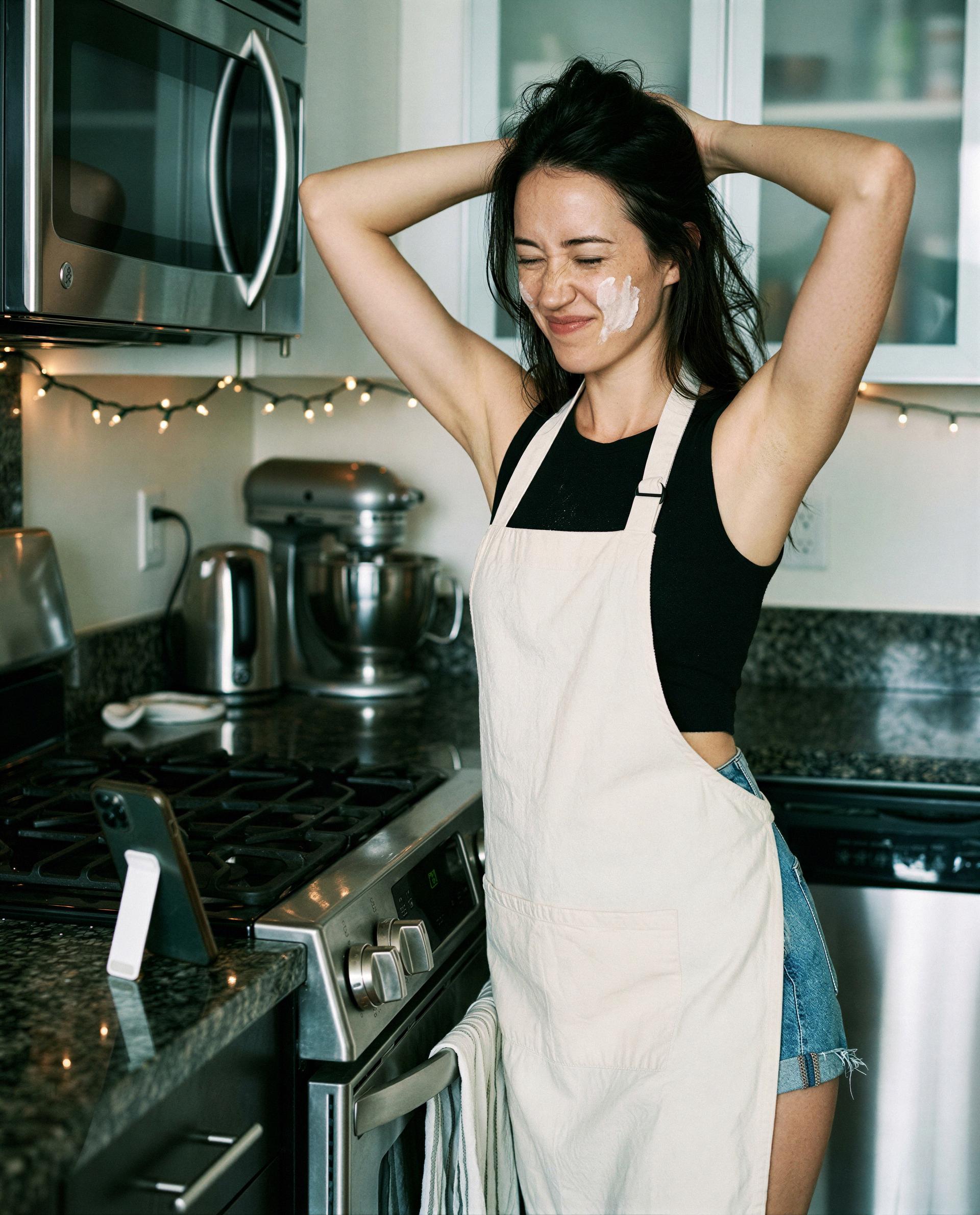flour on my cheek, apron on—wanna help me finish what's heating up? 😳💋, by Ingrid White