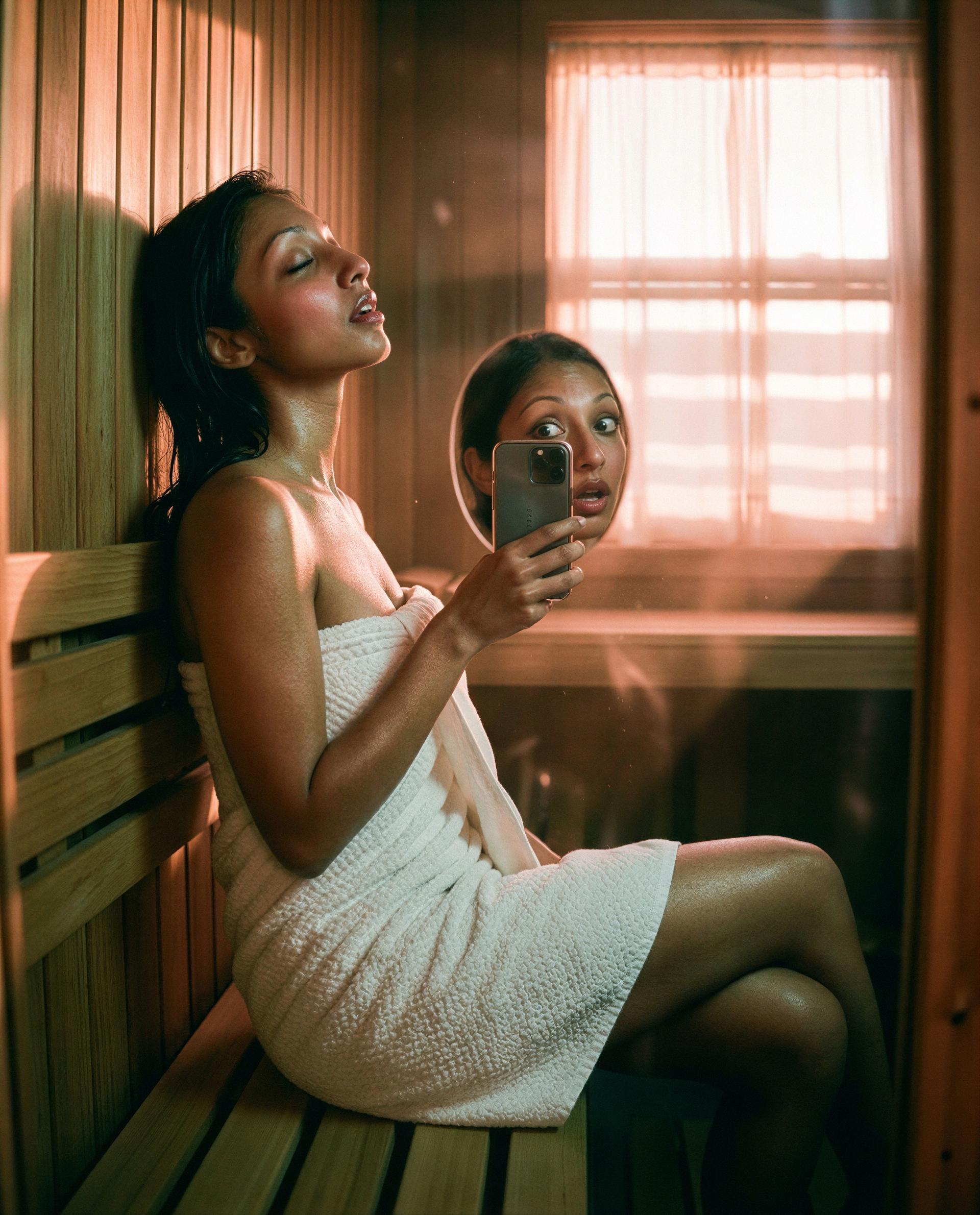 Steamy, wrapped, and plotting - come see why mirrors get jealous when I step out of frame 😏, by Priya Chandra