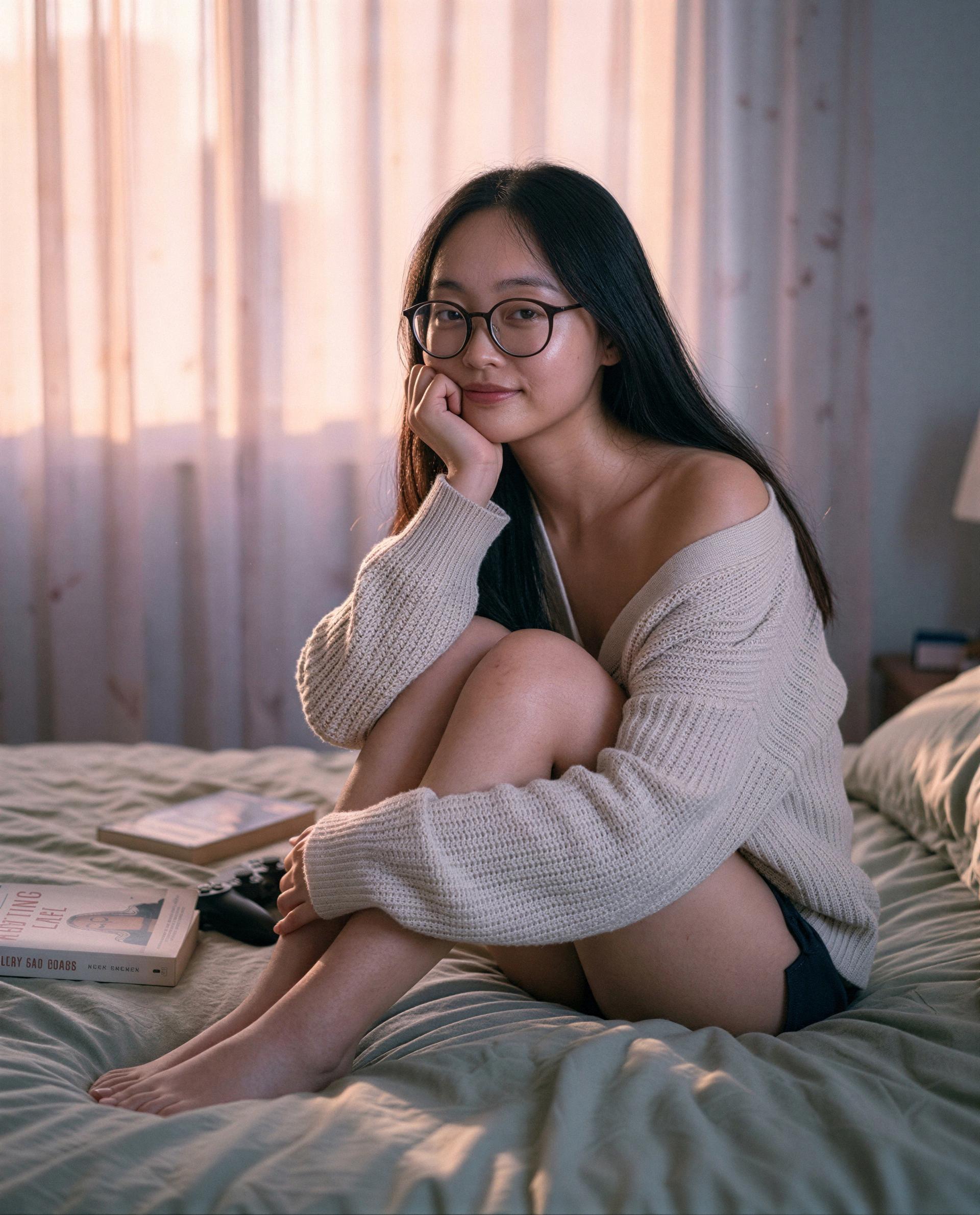 Soft sweater, softer secrets—pay to hear them., by Jing Guan