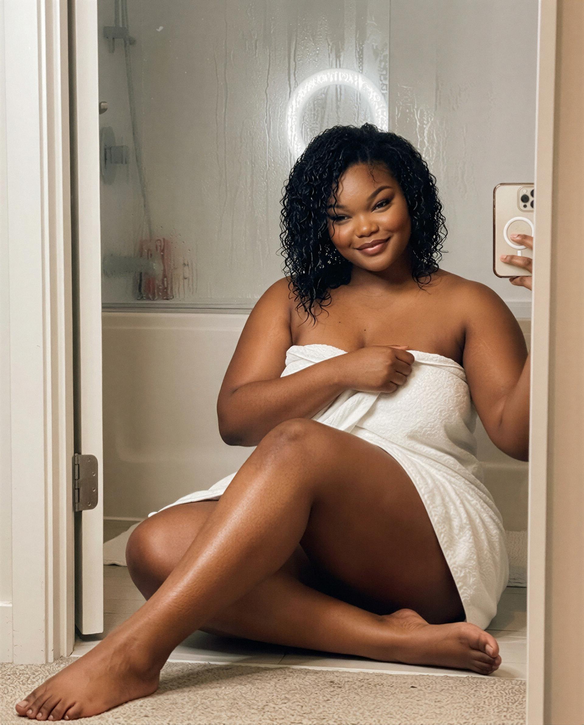 Towel on, trouble ready - care to be my favorite mistake tonight? 😏, by Essence Johnson