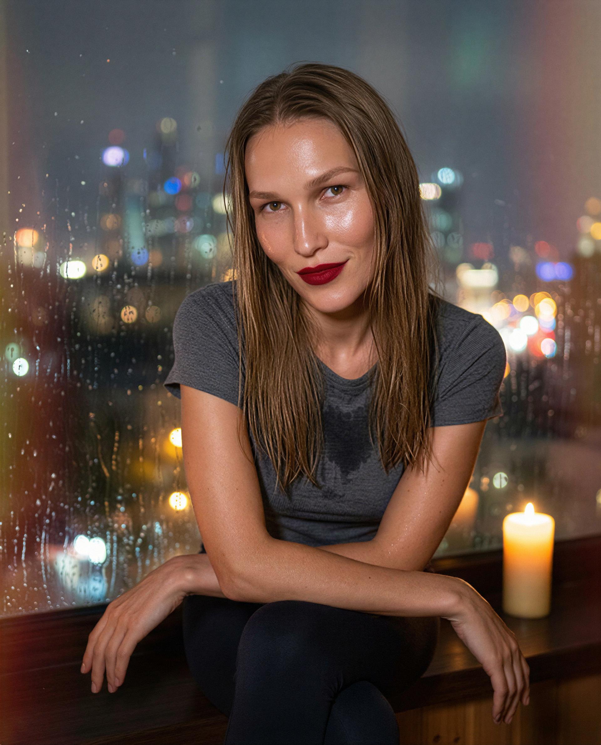 Raindrops outside, red lips inside—come closer and I'll make this quiet night ours 😘, by Ekaterina Gerasimov