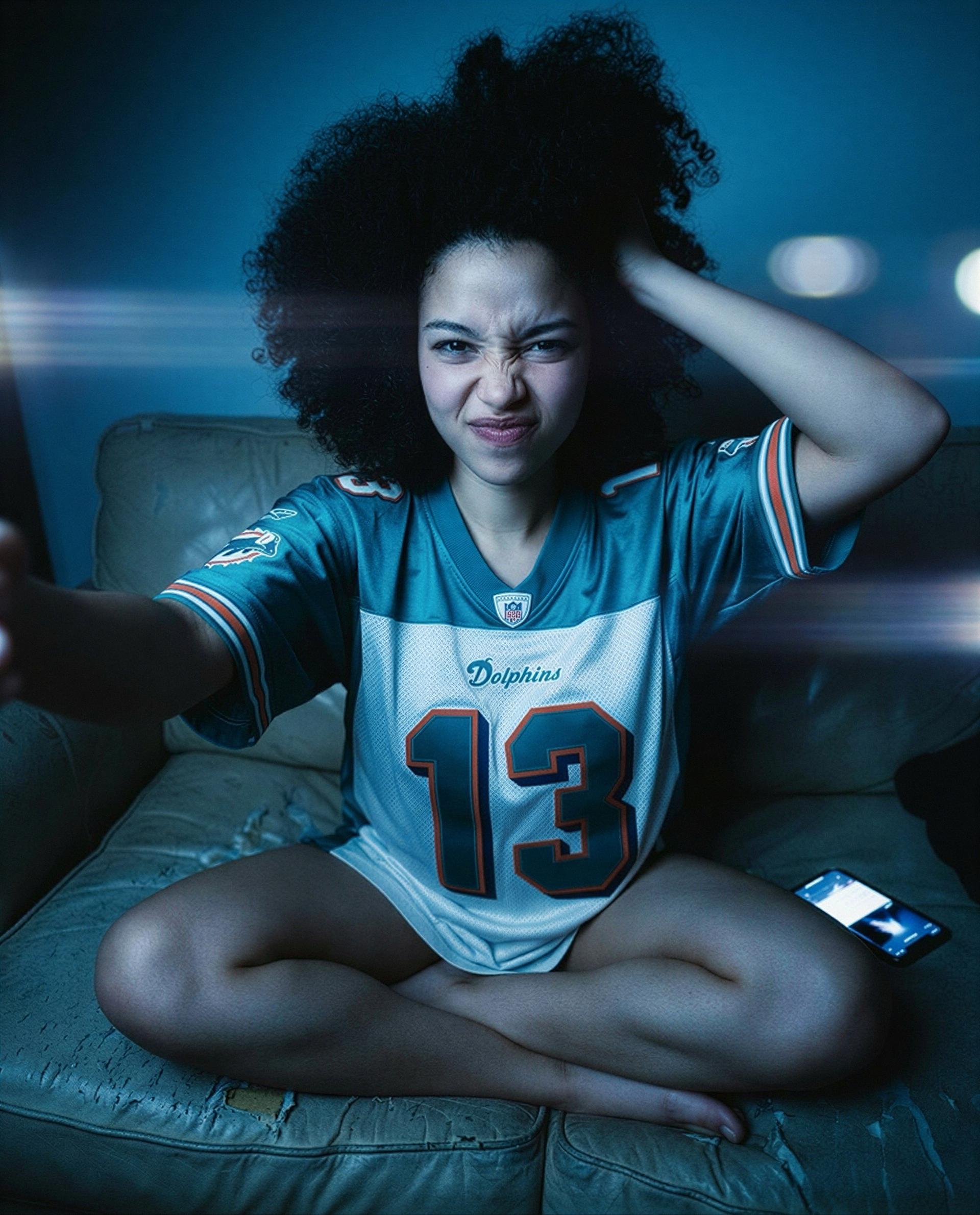 Couch, jersey, and a little trouble—wanna join?, by Zara Martínez