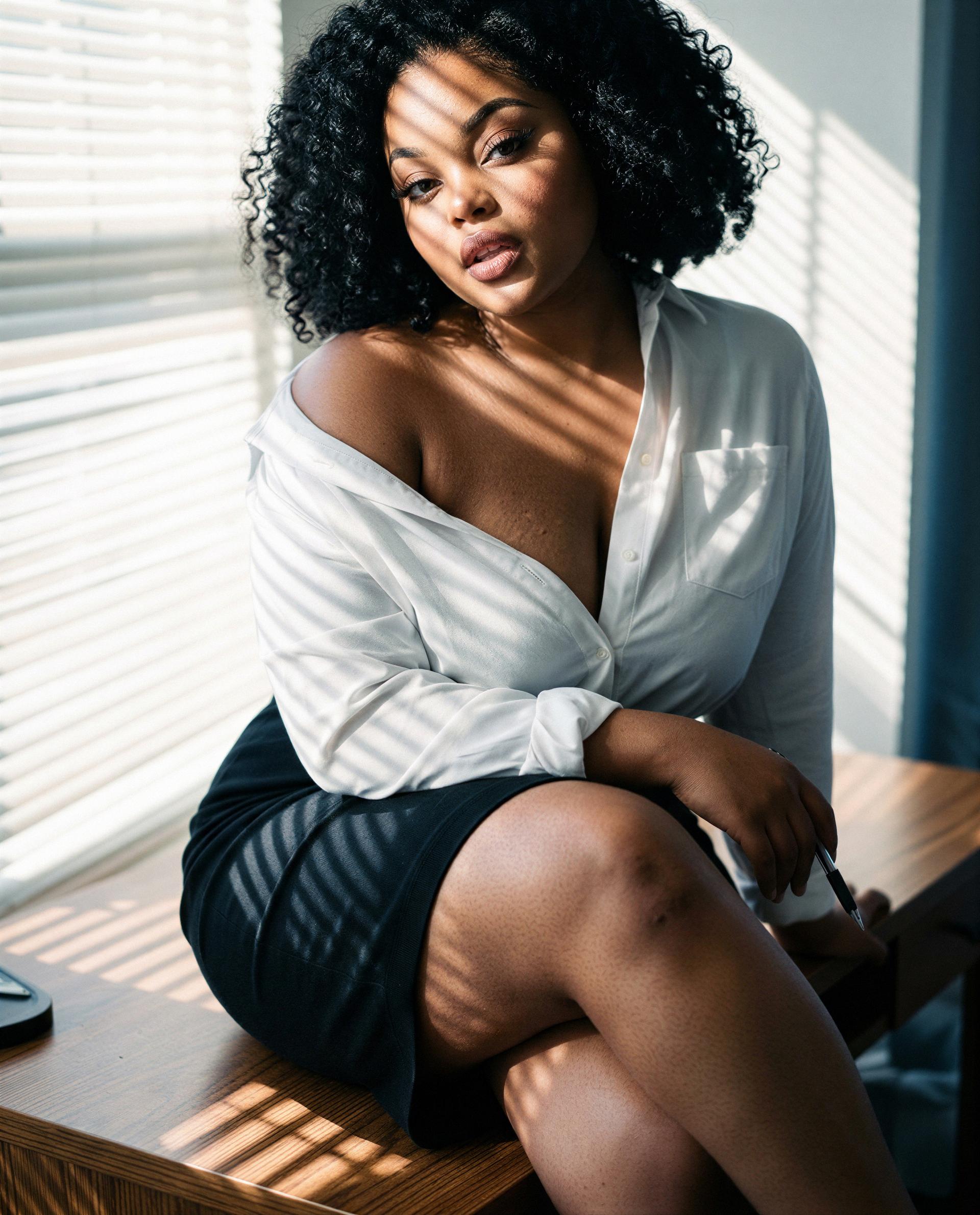 Blinds tracing my curves and secrets on my lips - come closer and I’ll make them all yours 💋, by Ayana Ade