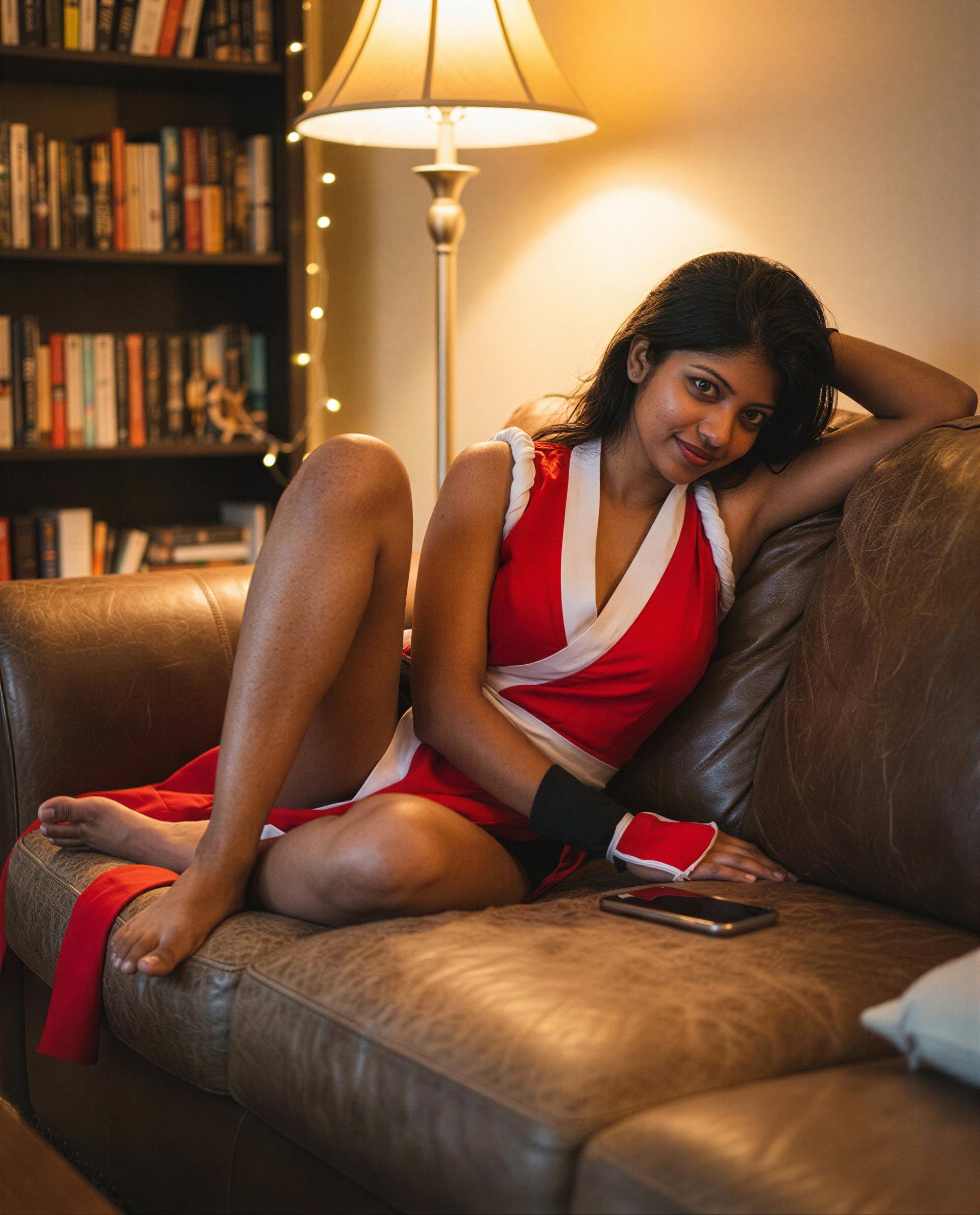 Red dress, soft couch, and a phone that wants you—dare to make it buzz? 😏, by Khadija Sidhu
