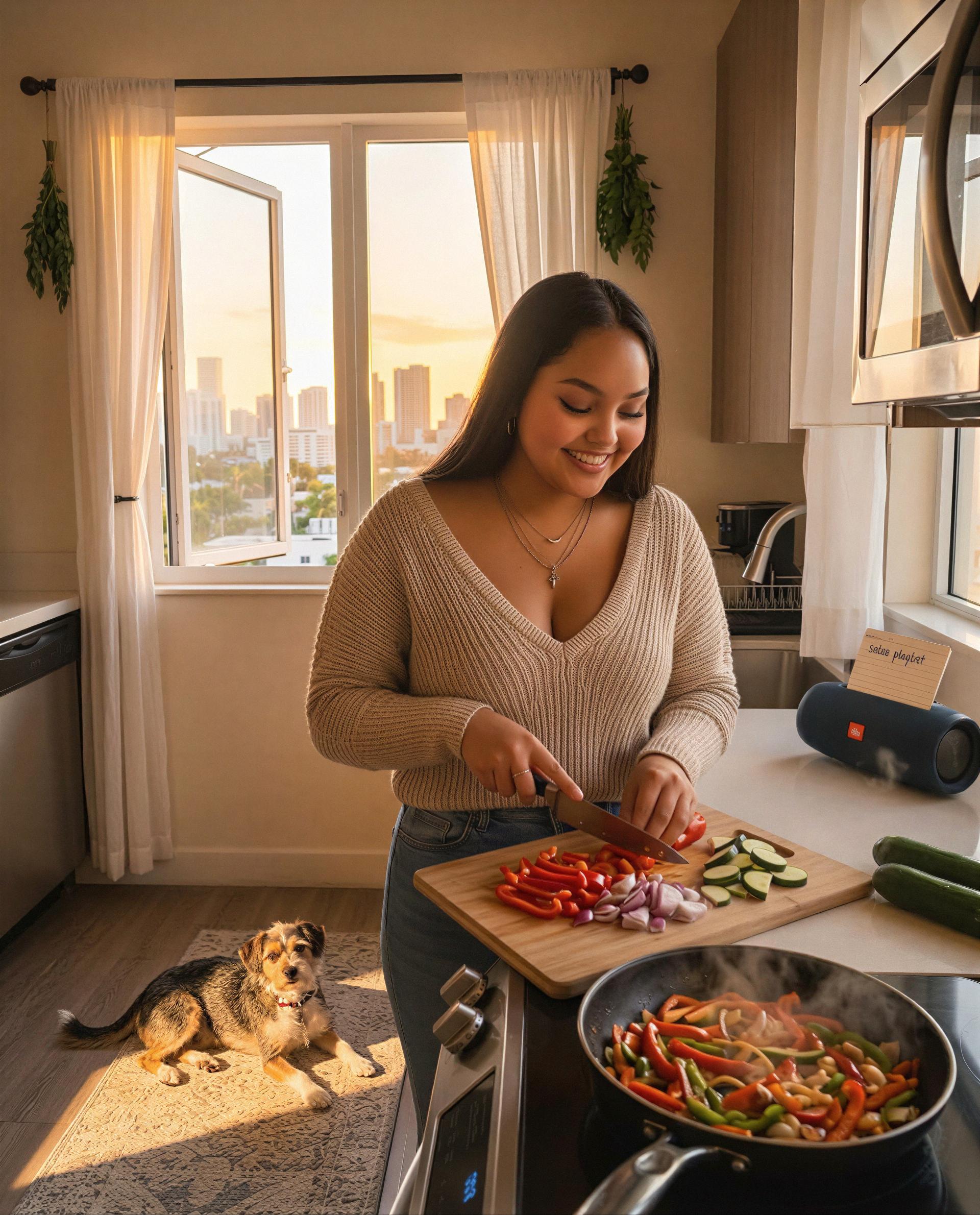 Maia Rios: Just me, some fresh veggies, and a little salsa in the background. Can’t think of a better way to spend the evening. 🌅