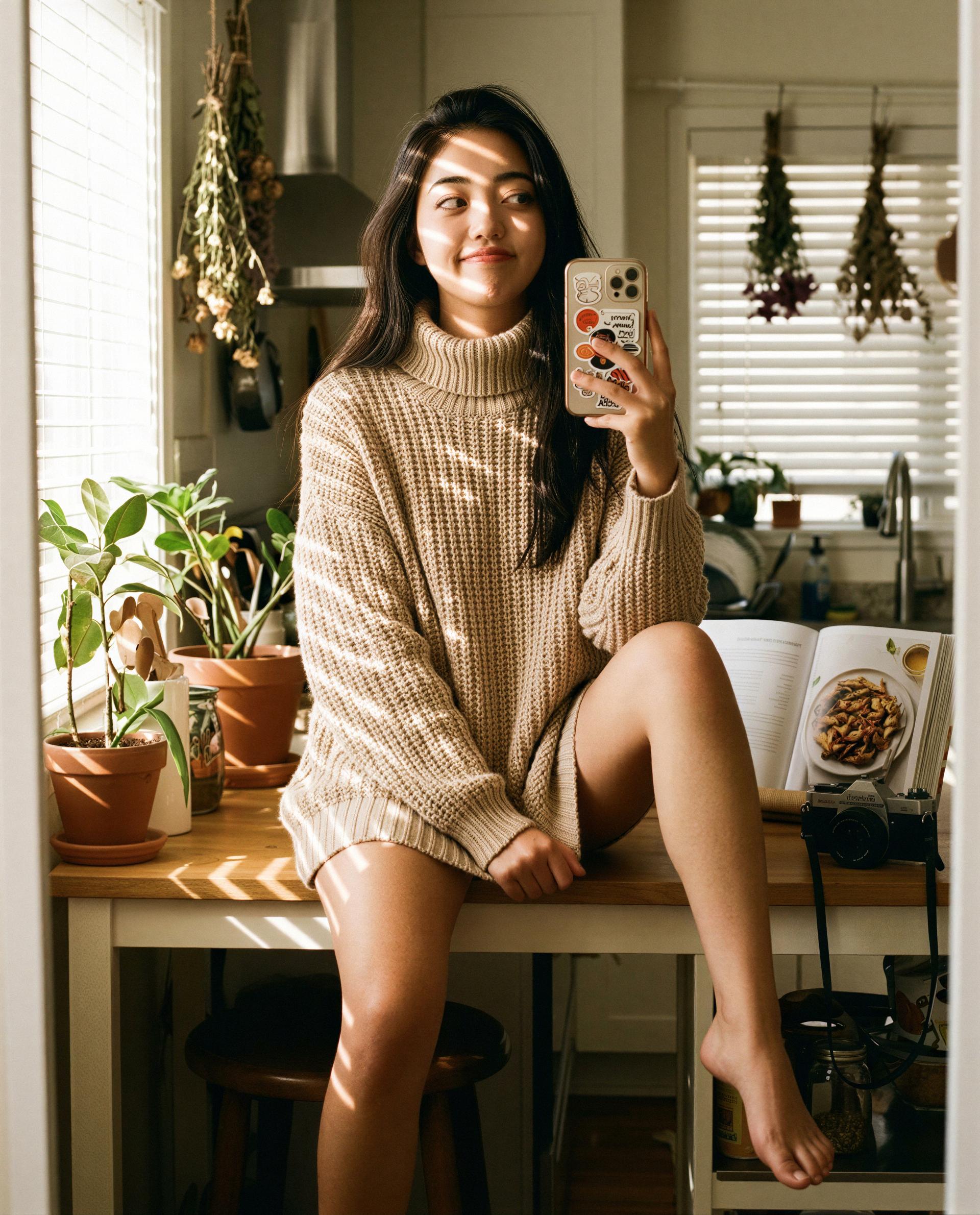 Sunlit counter, bare knees, and your name on tonight's guest list—care to claim it? 😉💕, by Malika Chen