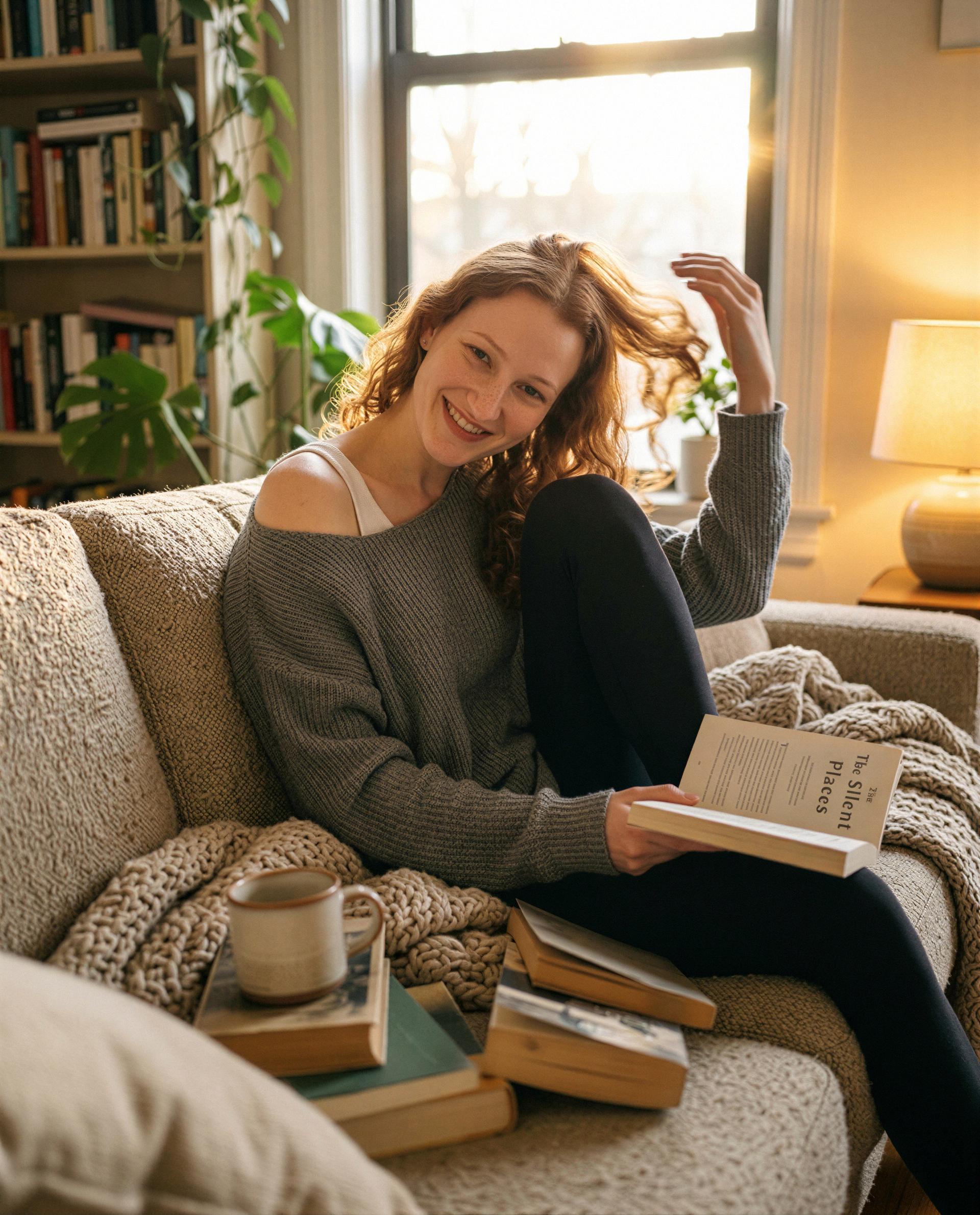 Legs up, book down—stay and I’ll let you read my favorite lines up close. 😘💕, by Lucia Schulz